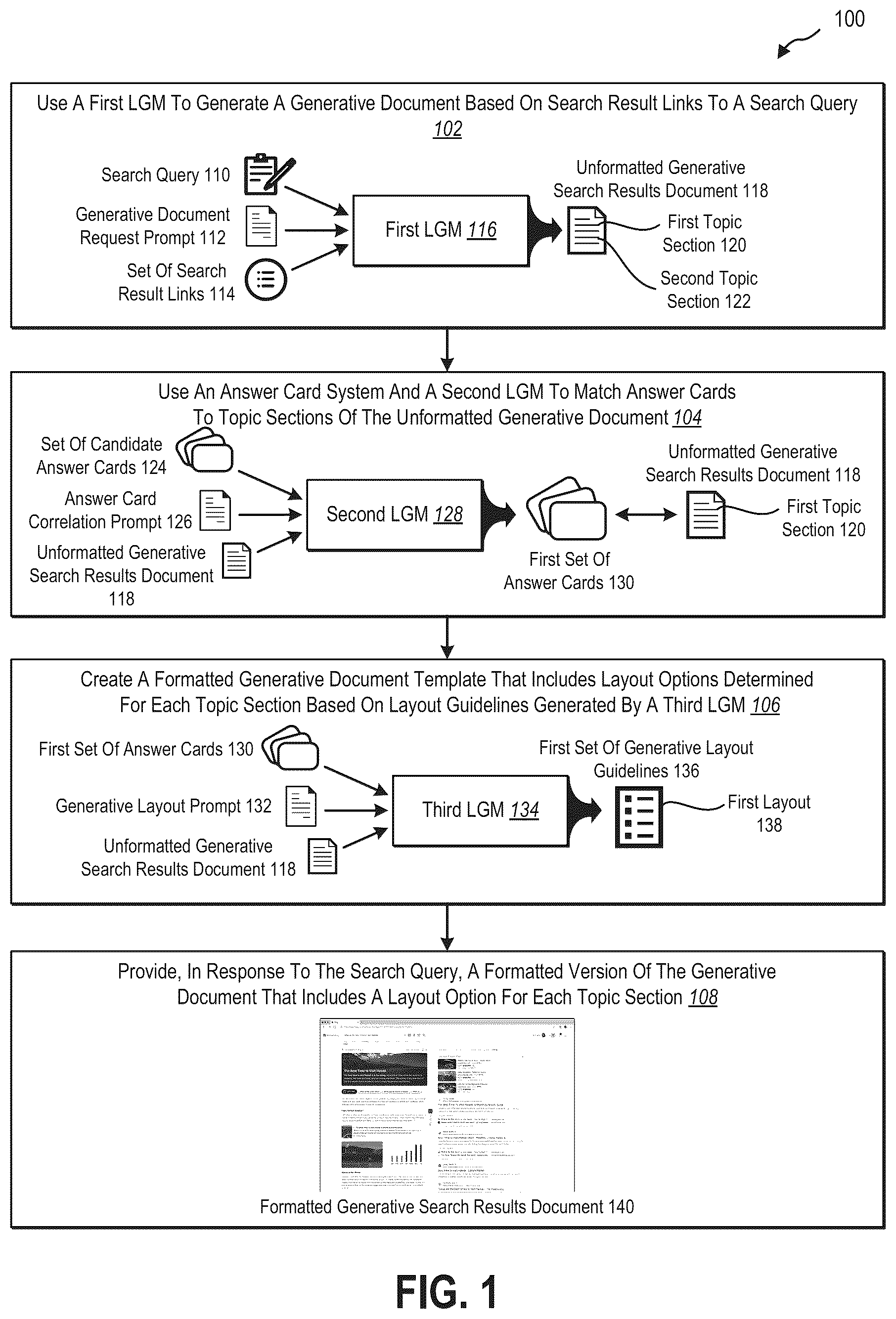 Patent US12361089 Figure 1 – Generative search engine results documents