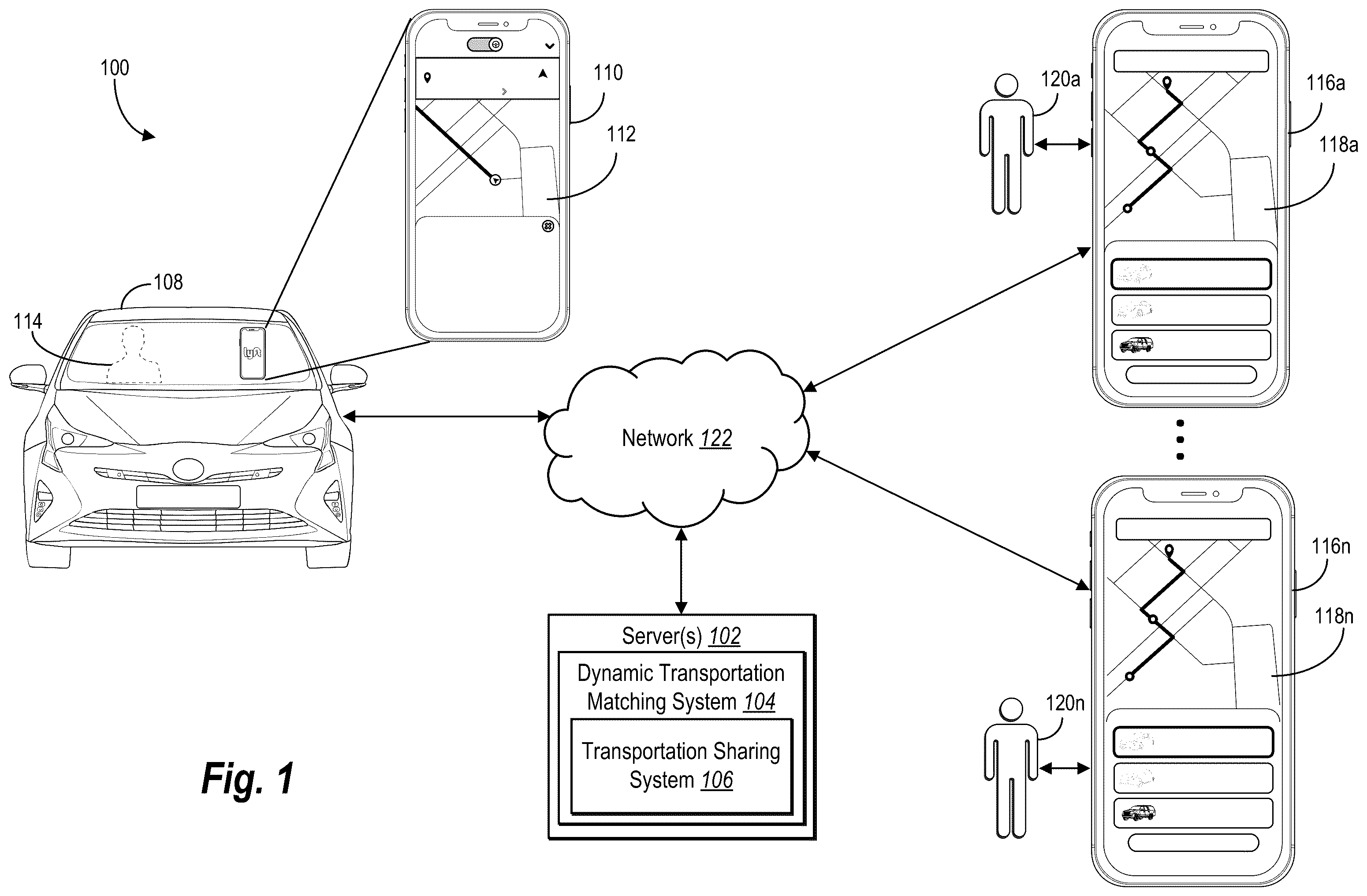 Patent US12361336 — Providing ephemeral-transportation options in real time for sharing active transportations — Figure 1