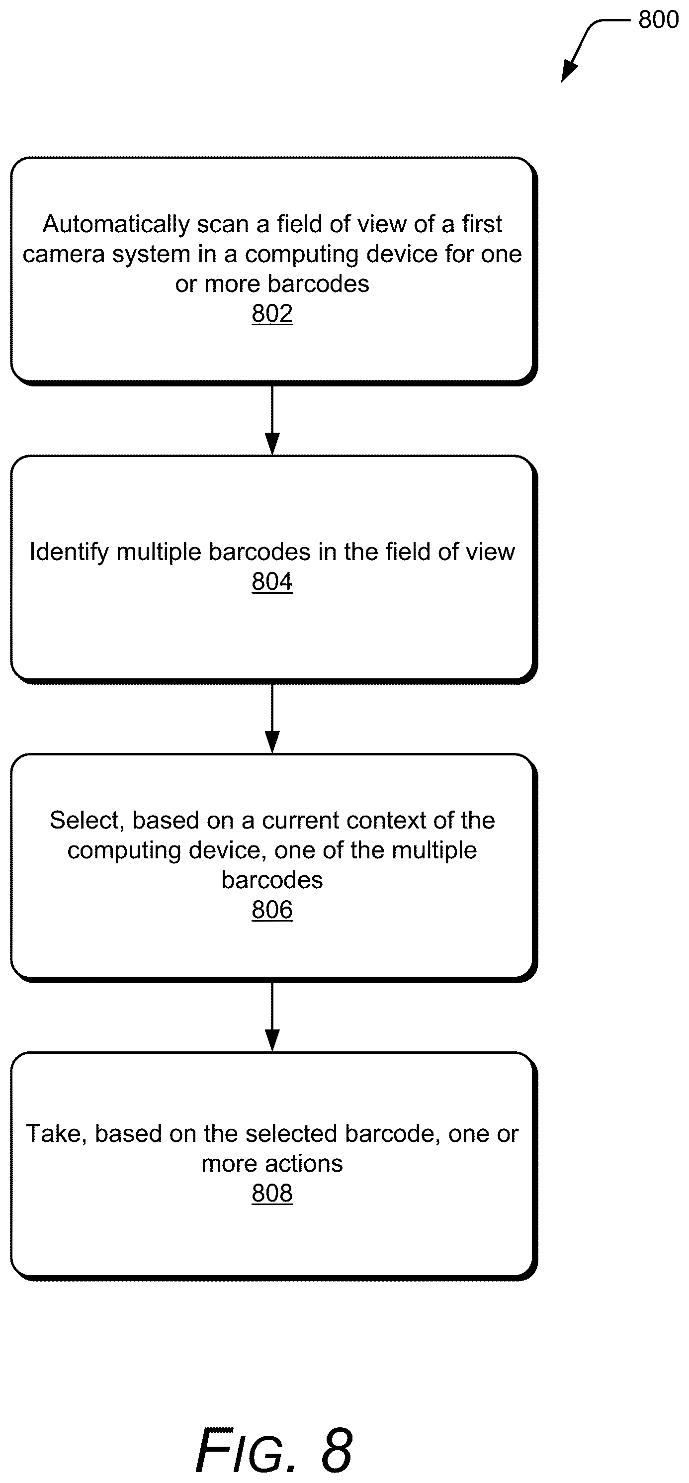 Patent US12361403 Figure 8 – Facilitating user selection of one of multiple barcodes in a camera system field of view