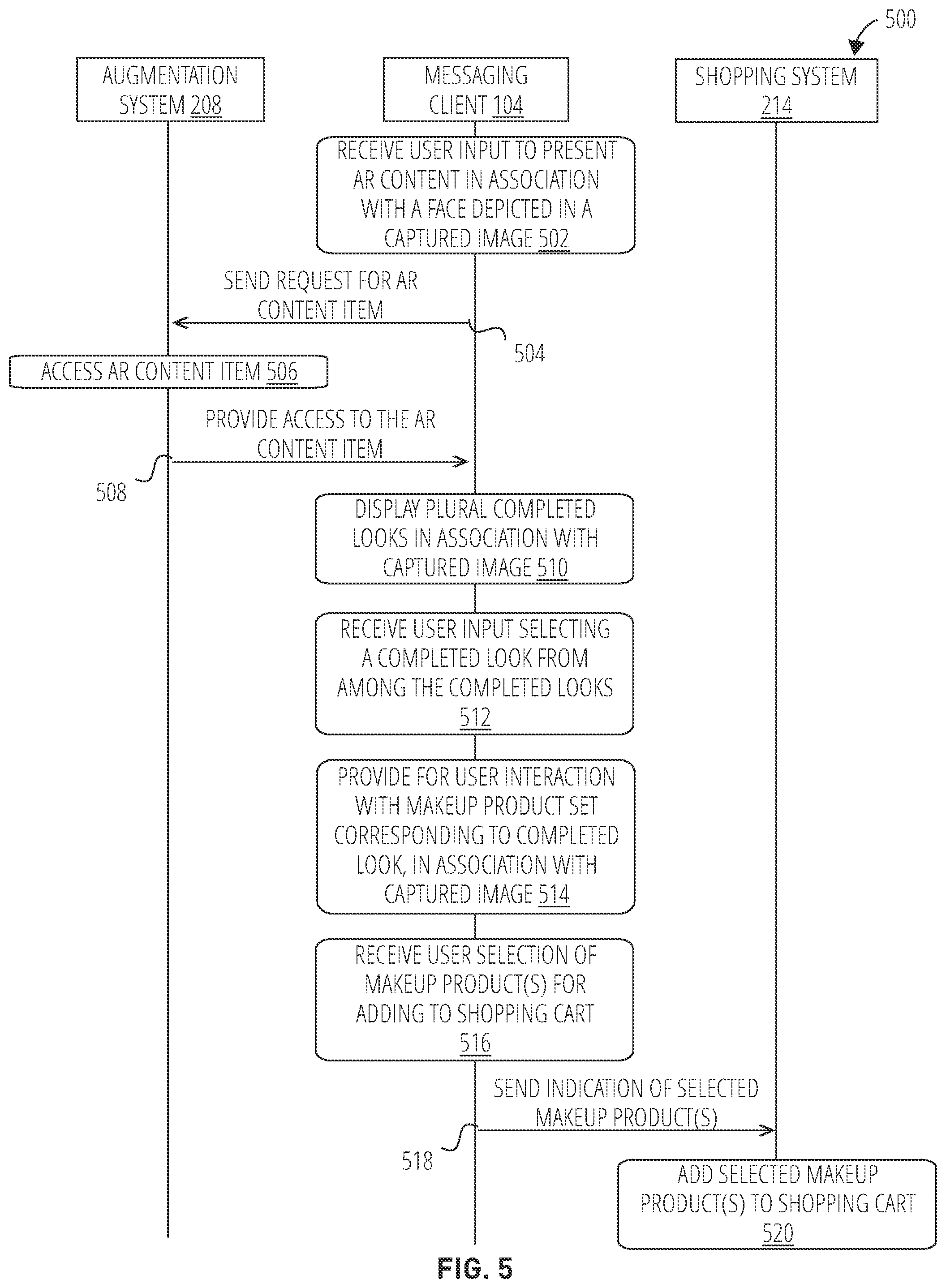 Patent US12361475 Figure 5 – Method, device, and non-transitory computer-readable storage medium for providing augmented reality-based makeup product sets in a messaging system