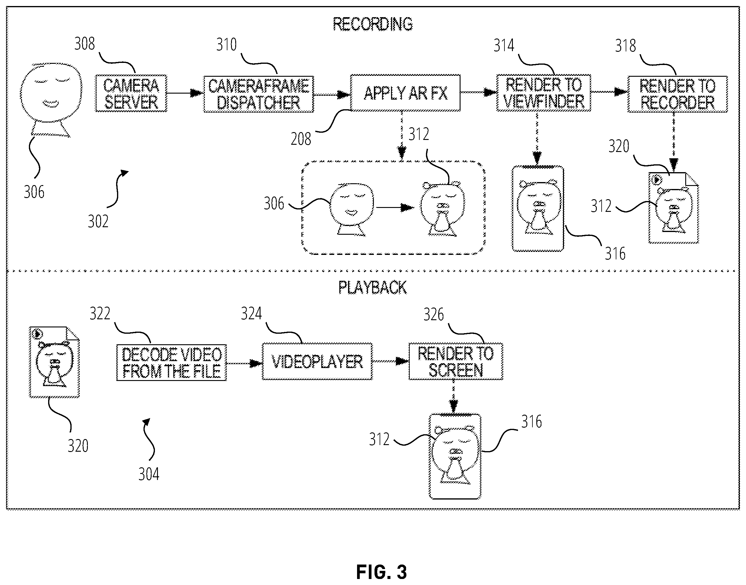 Patent US12361658 Figure 3 – Video processing with preview of AR effects