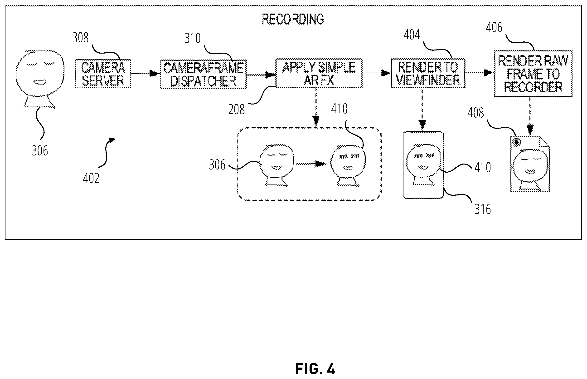 Patent US12361658 Figure 4 – Video processing with preview of AR effects
