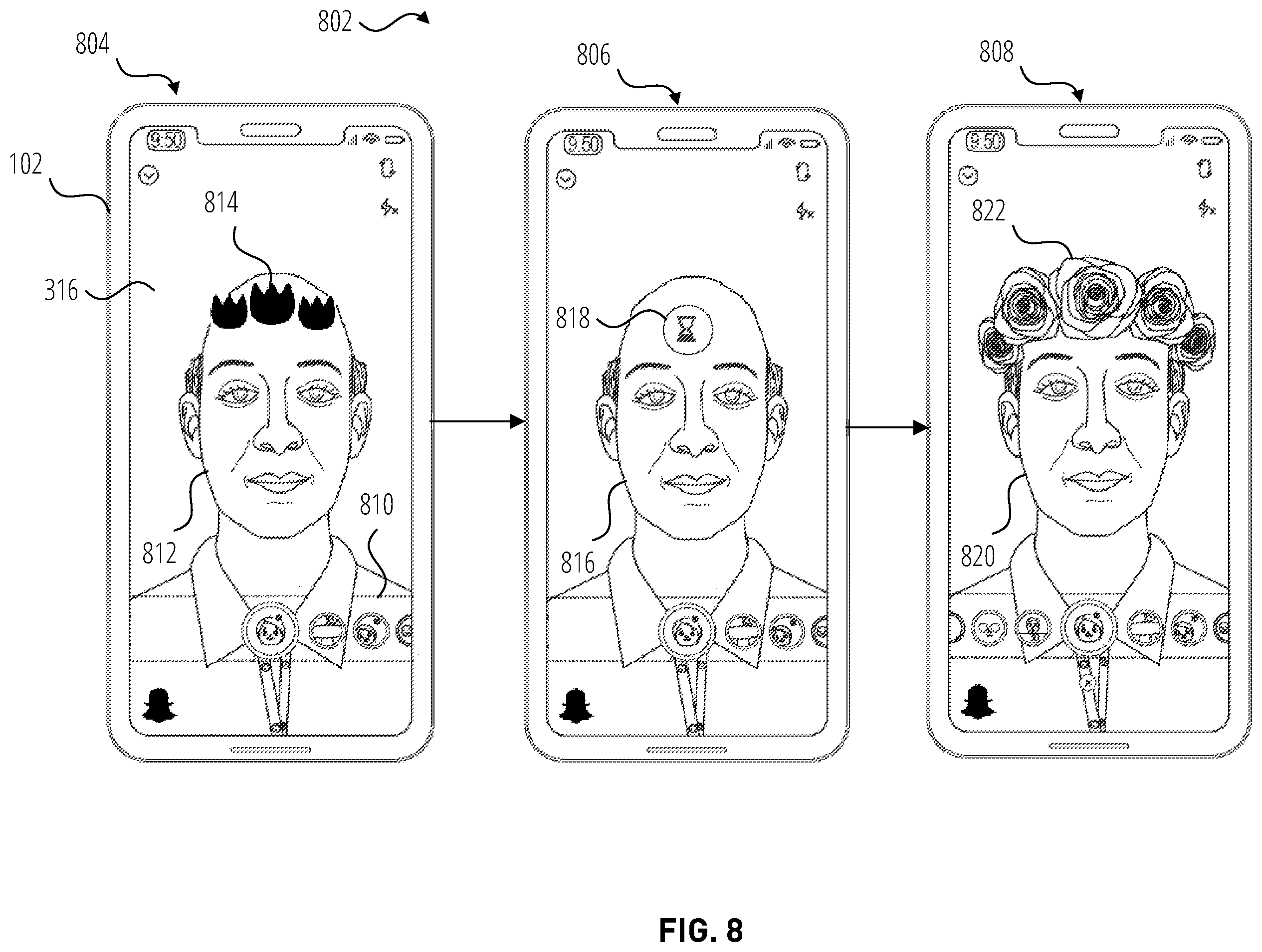Patent US12361658 Figure 8 – Video processing with preview of AR effects