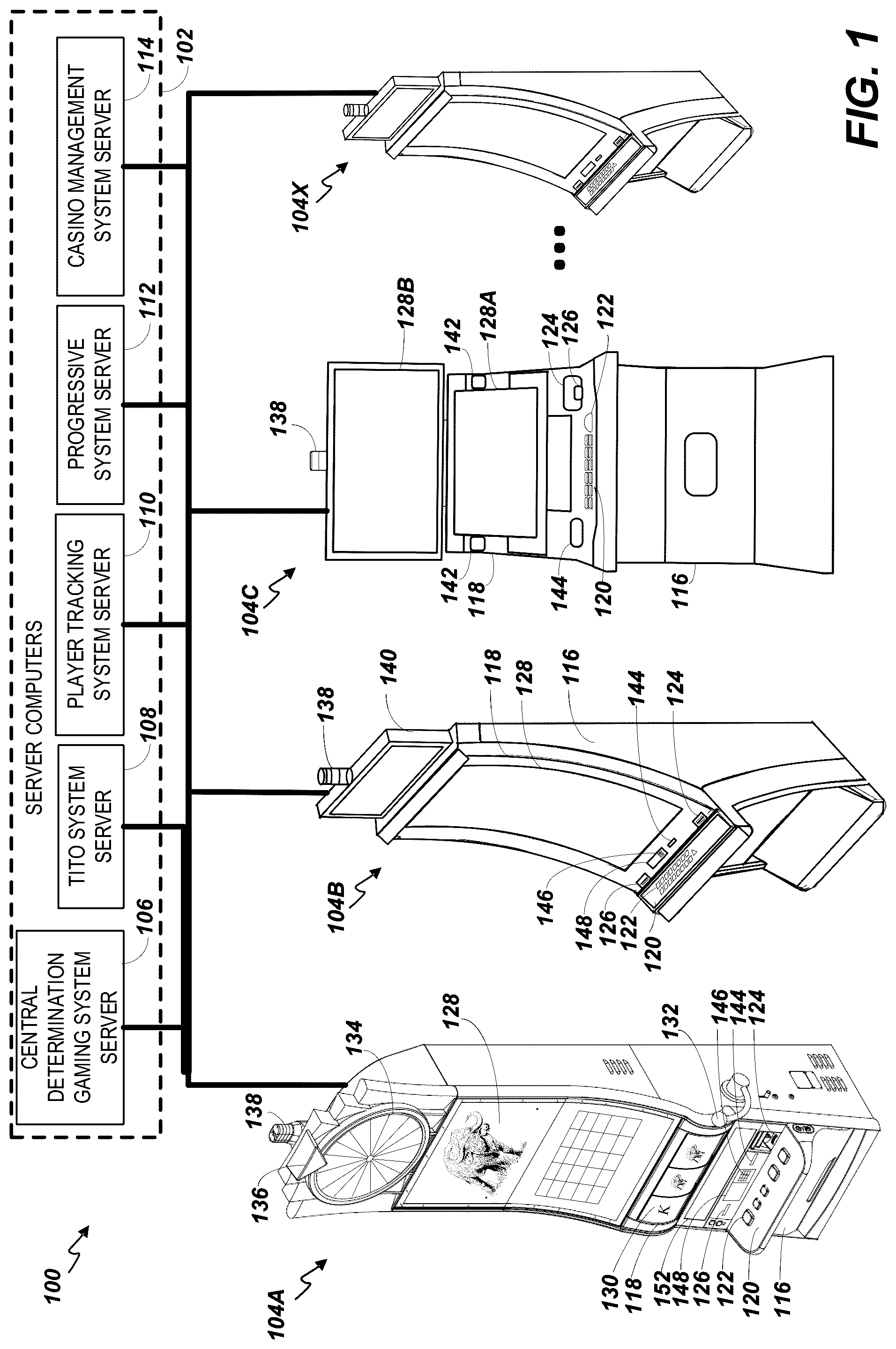 Patent US12361793 Figure 1 – Gaming device with multiple triggerable respin features