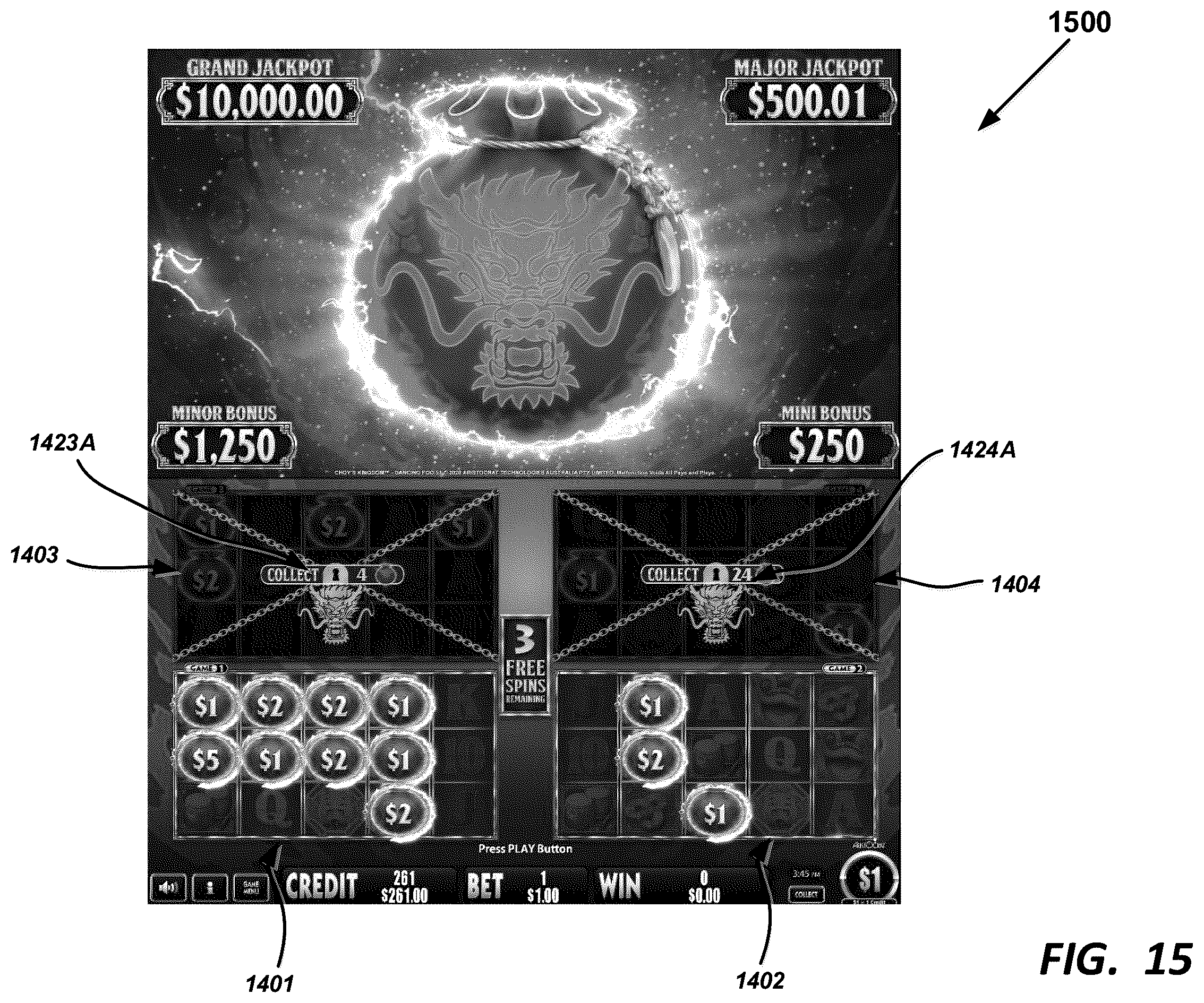 Patent US12361793 Figure 18 – Gaming device with multiple triggerable respin features
