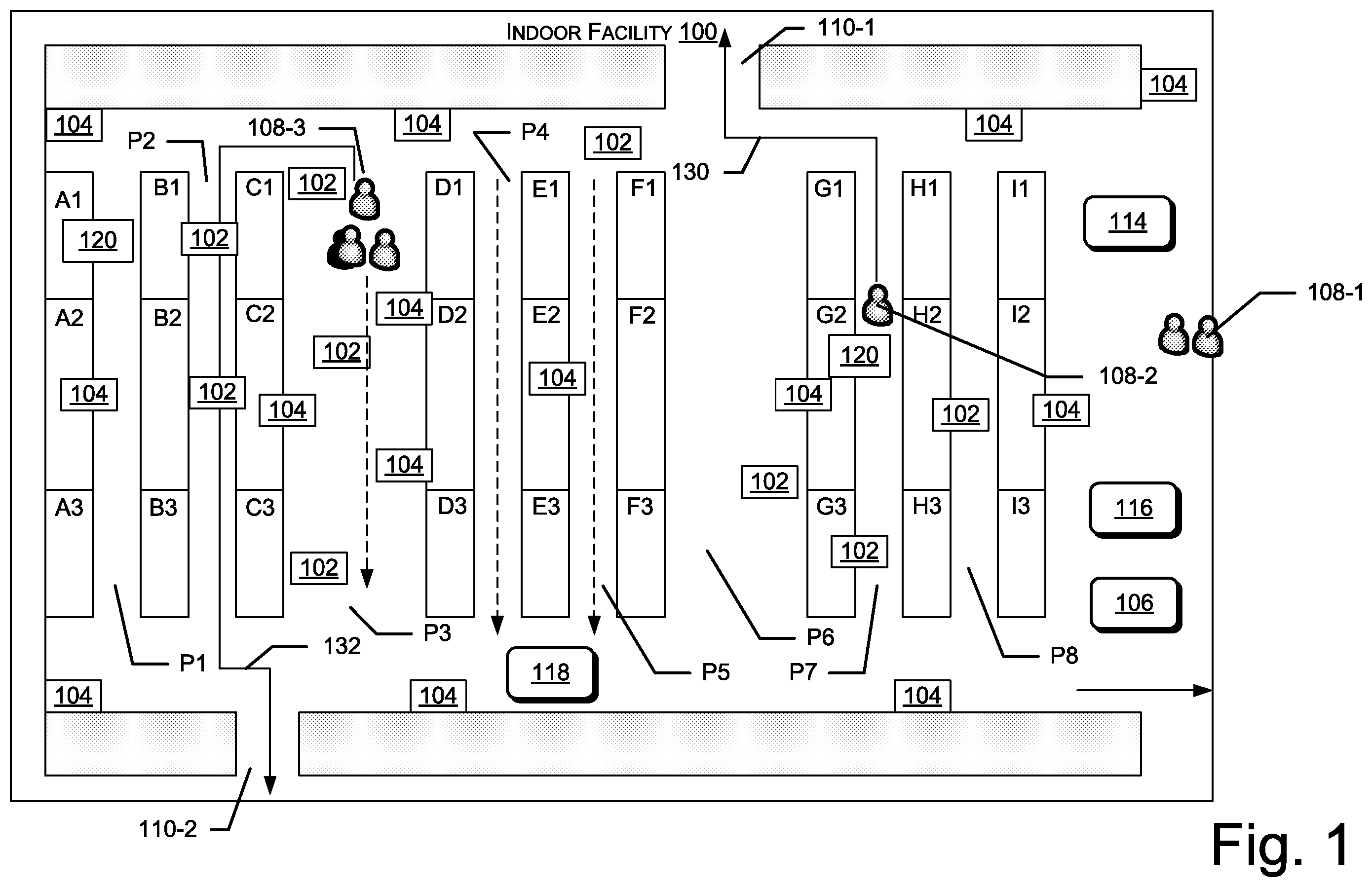 Patent US12361803 Figure 1 – Response management in an indoor facility