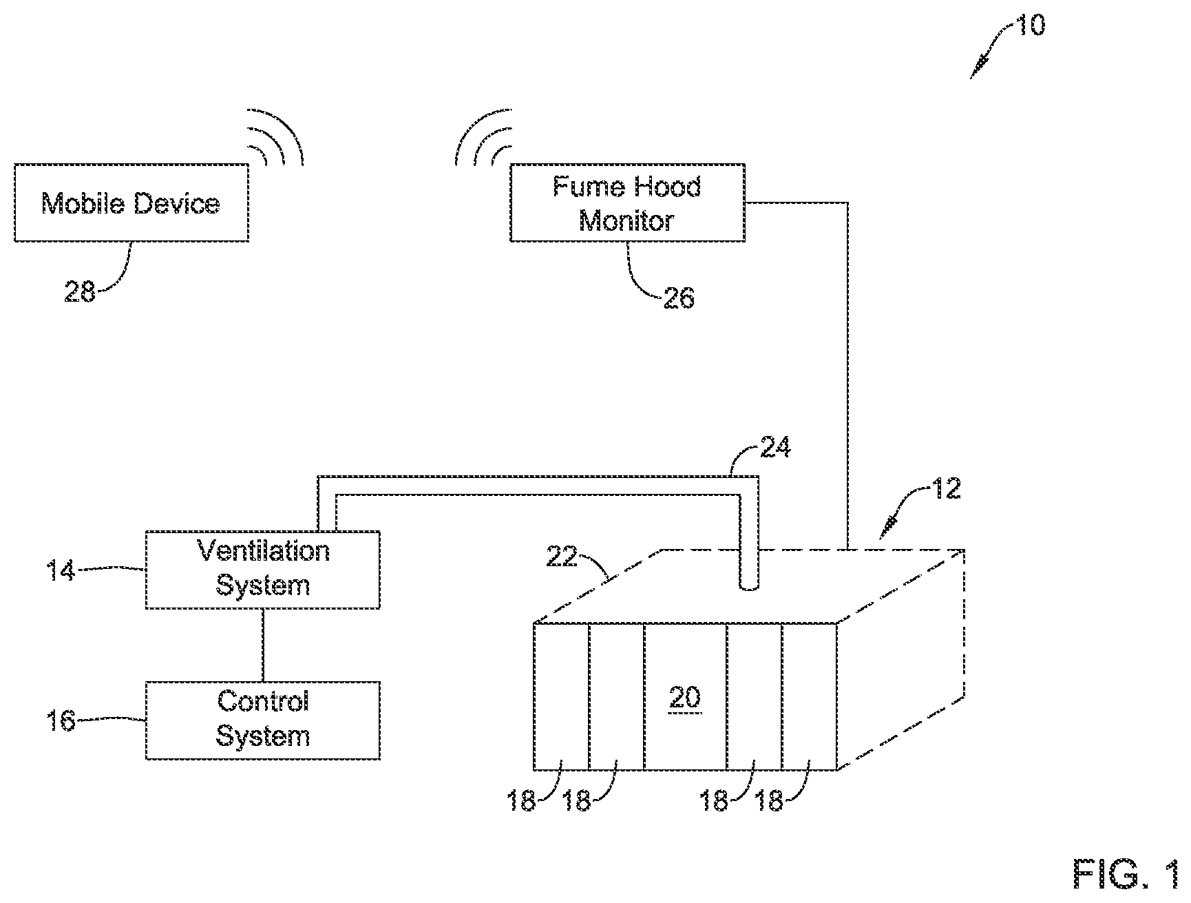 Patent US12361812 Figure 1 – Methods and systems for remotely interacting with a fume hood using a mobile device