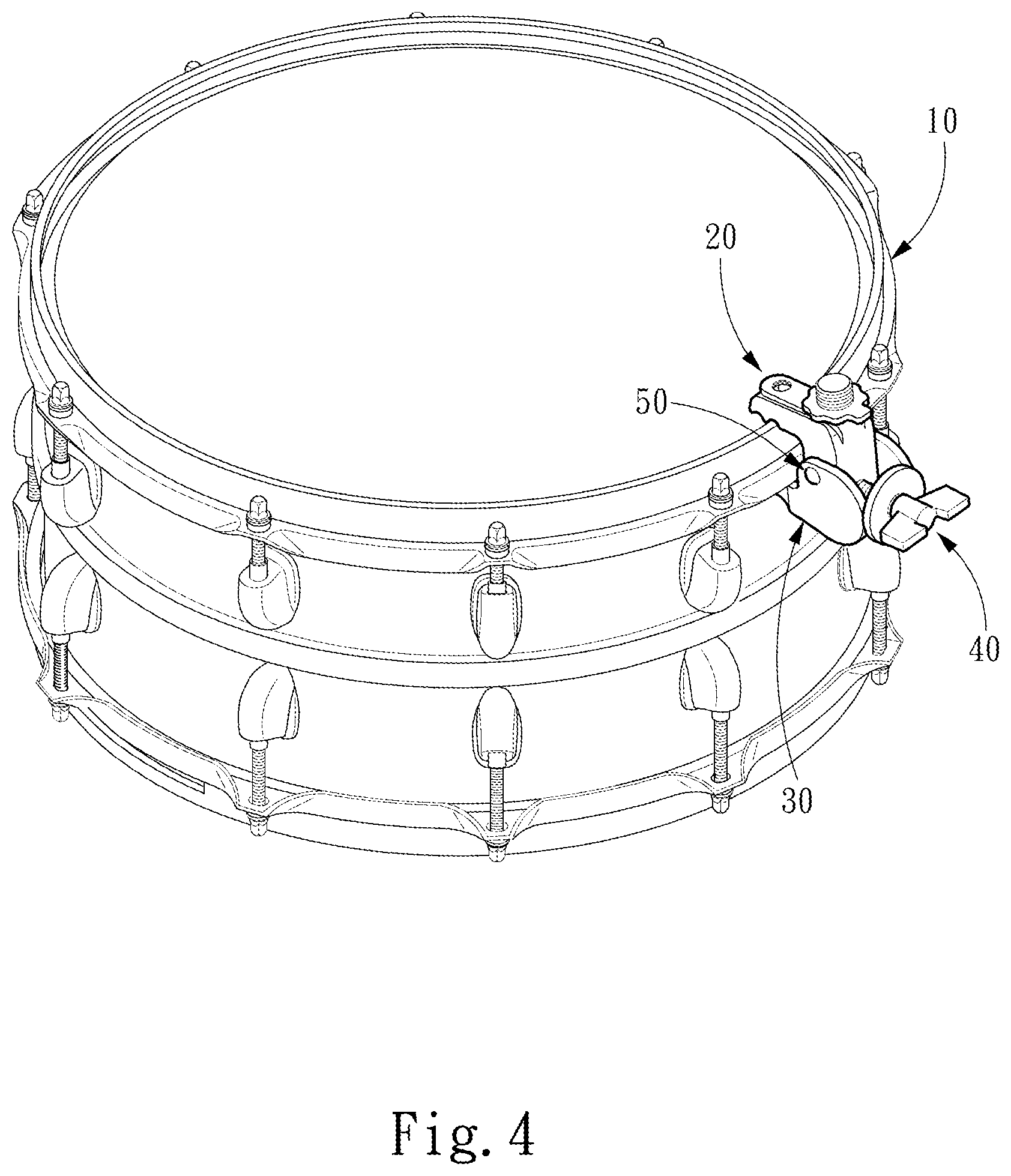 Patent US12361916 Figure 4 – Drum frame clamping stand
