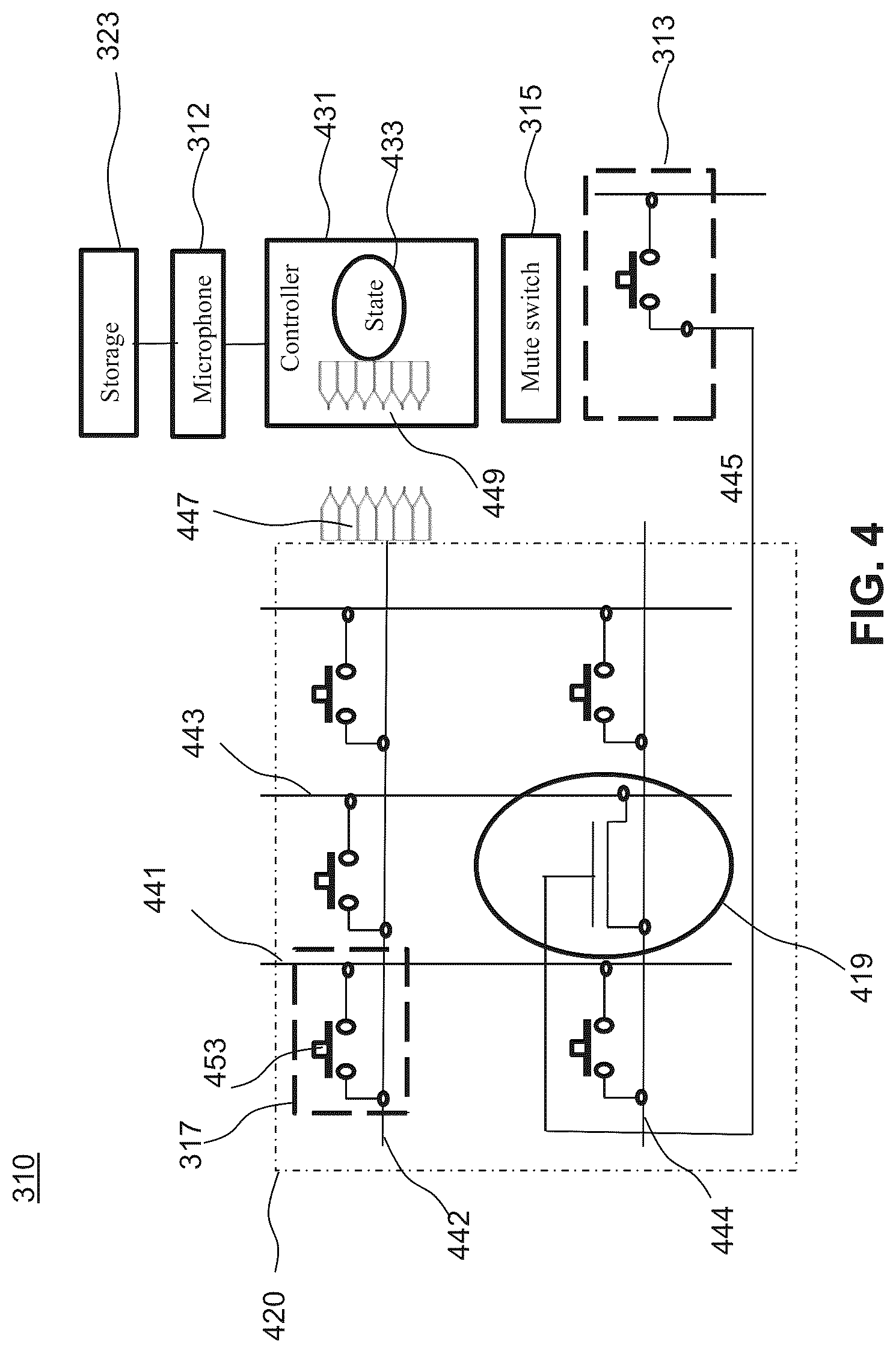 Patent US12361945 Figure 4 – Voice control device with push-to-talk (PTT) and mute controls