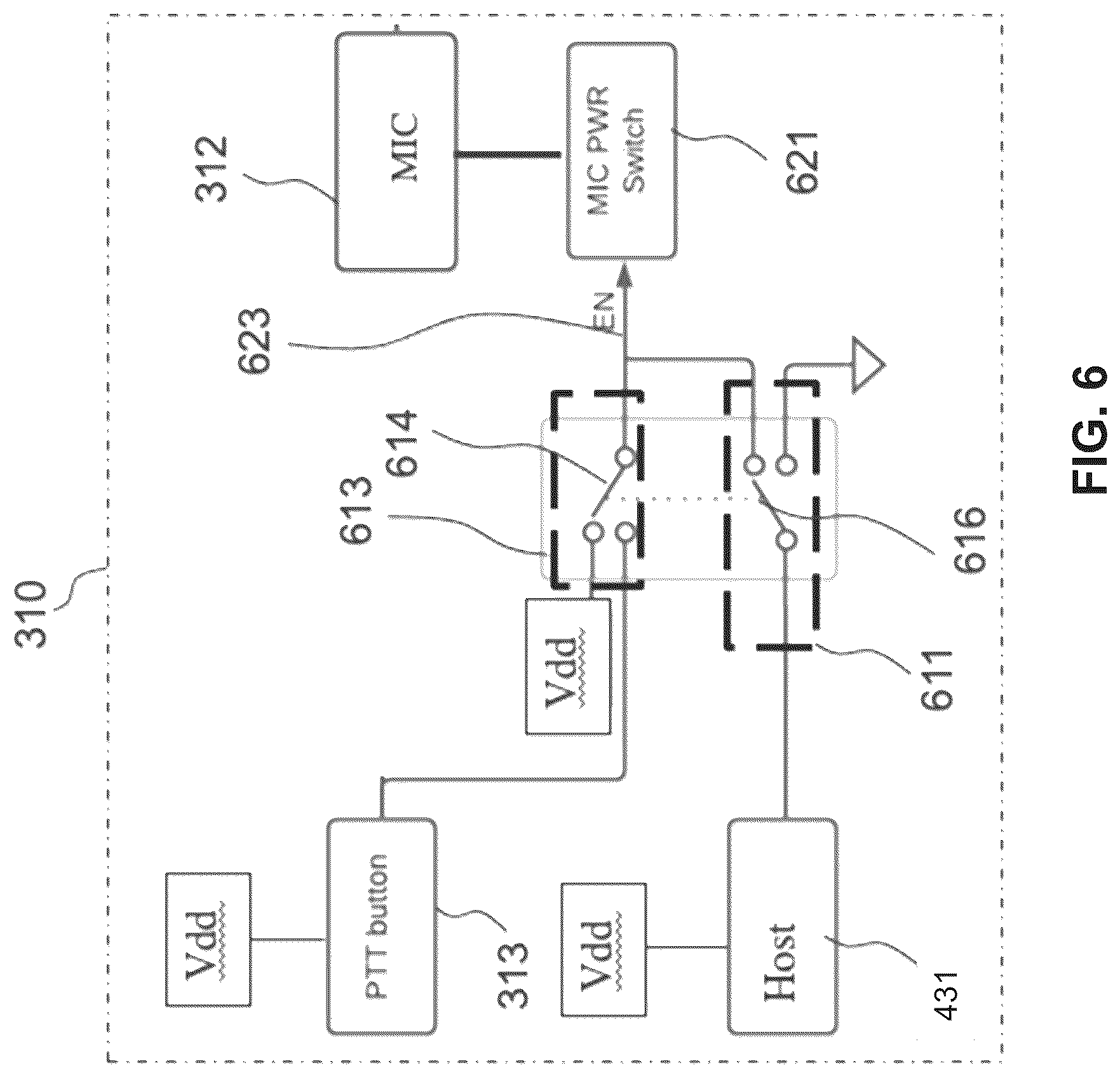 Patent US12361945 Figure 6 – Voice control device with push-to-talk (PTT) and mute controls