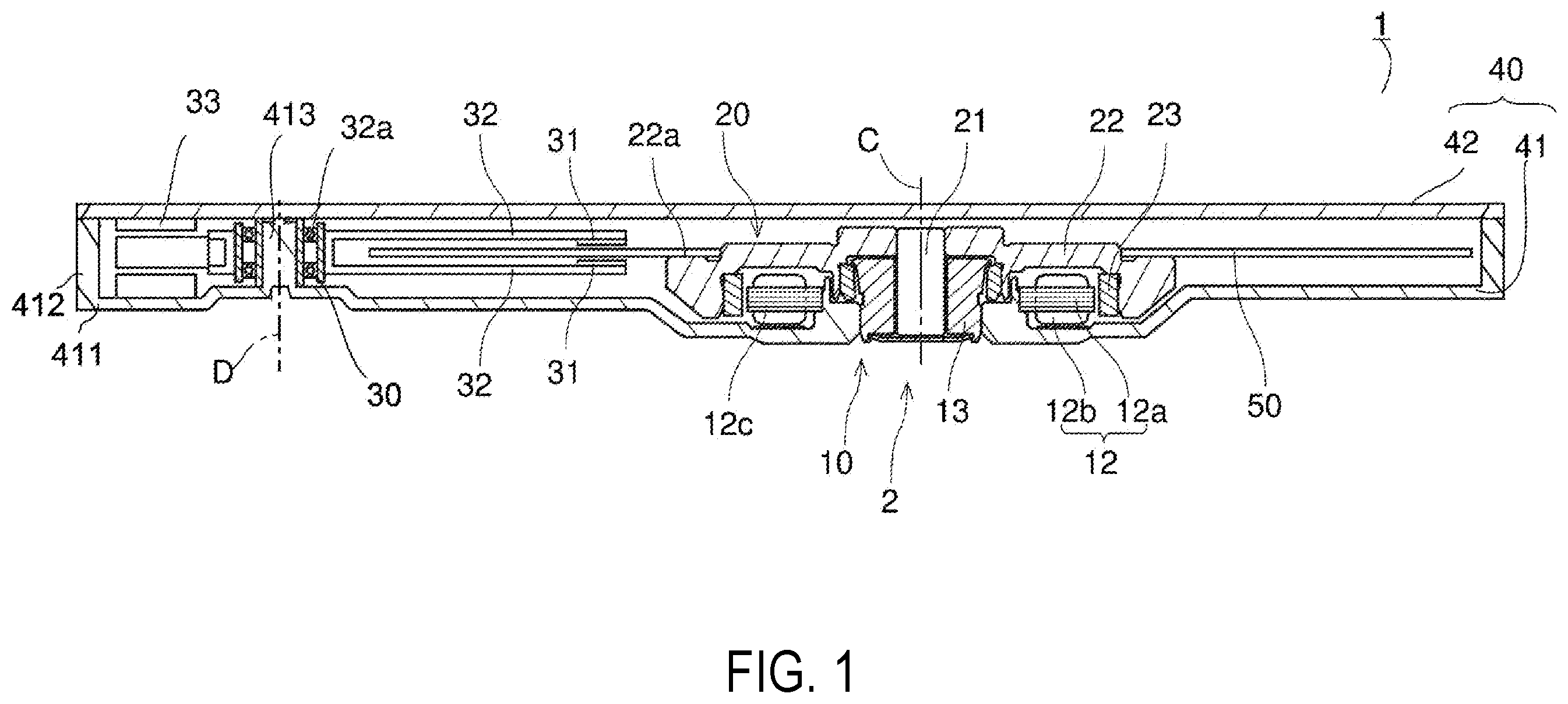 Patent US12361976 Figure 1 – Base plate with metal member embedded in the peripheral wall part, motor, and disk driving device having the same