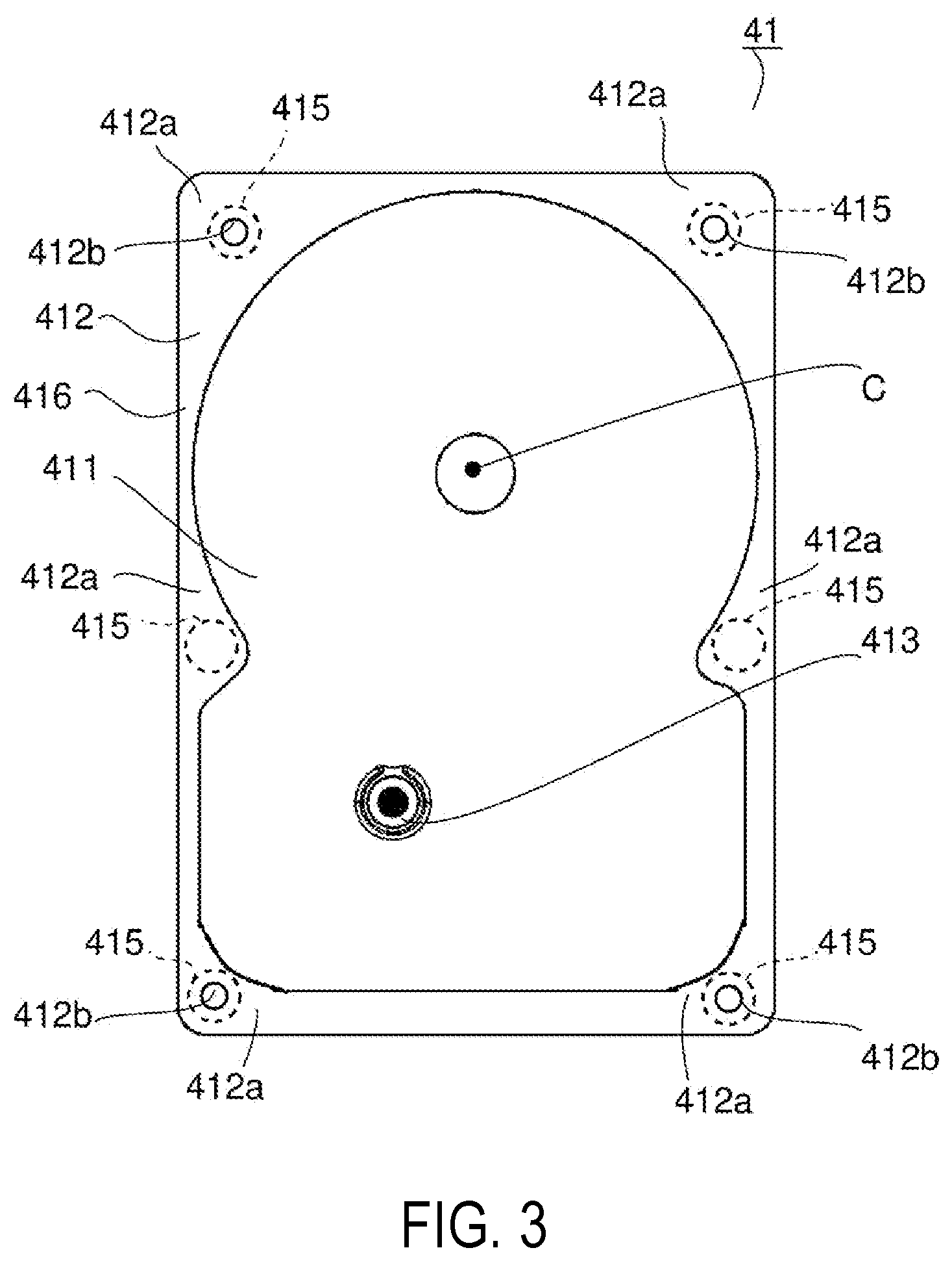 Patent US12361976 Figure 3 – Base plate with metal member embedded in the peripheral wall part, motor, and disk driving device having the same
