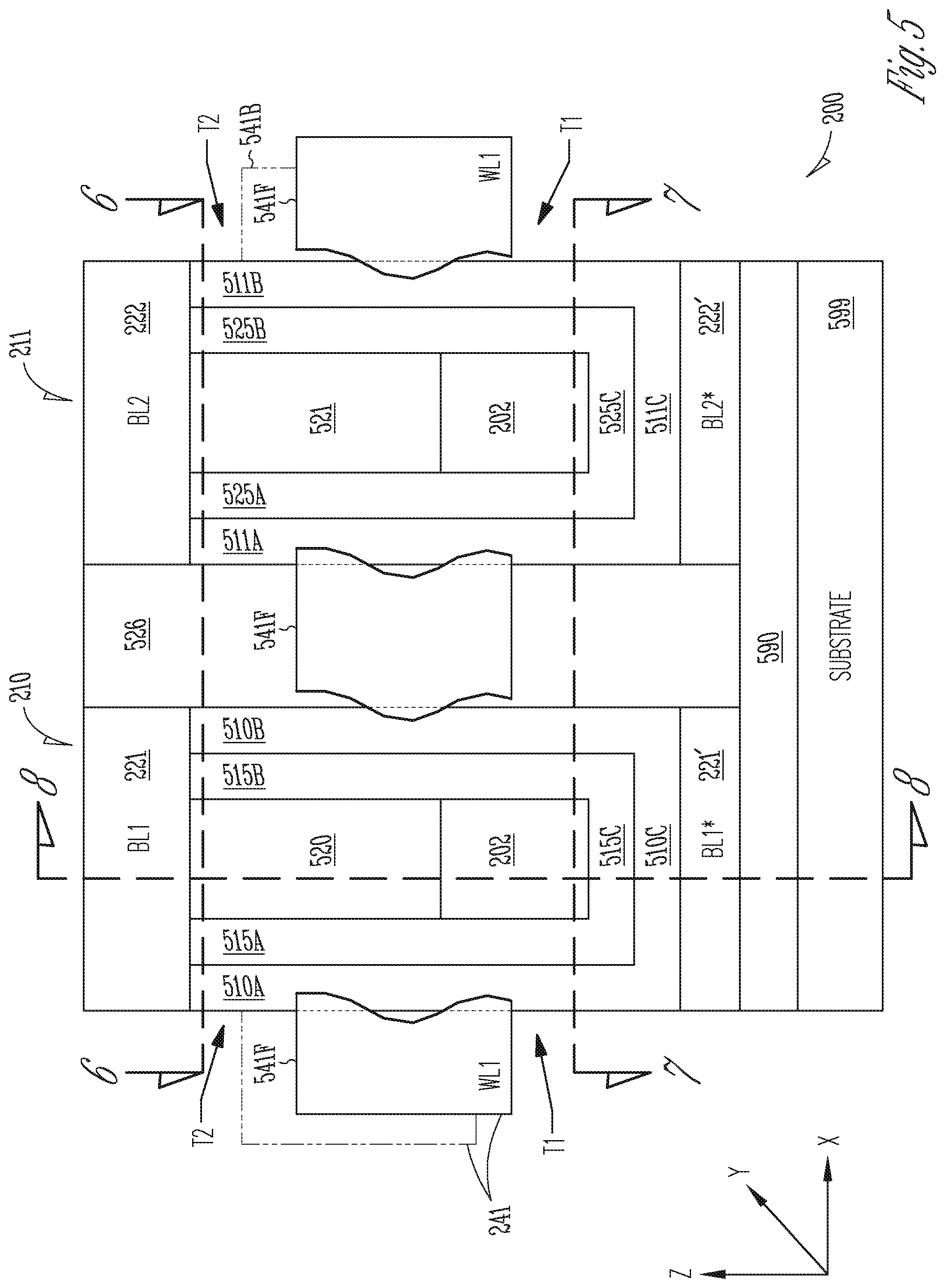 Patent US12361977 Figure 5 – Memory device having shared read/write data line for 2-transistor vertical memory cell