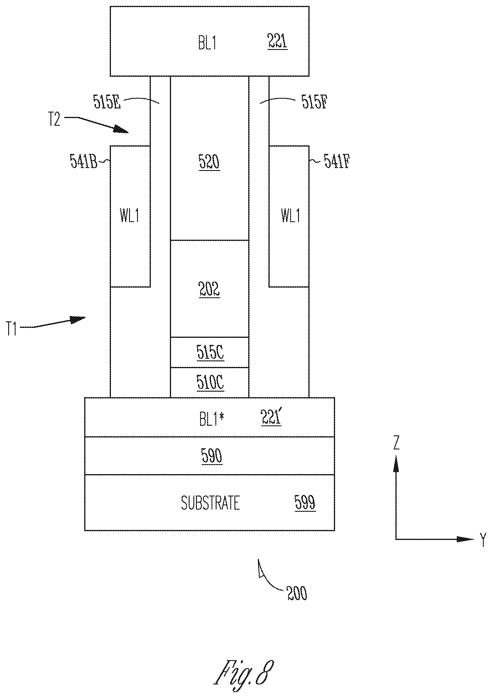 Patent US12361977 Figure 8 – Memory device having shared read/write data line for 2-transistor vertical memory cell
