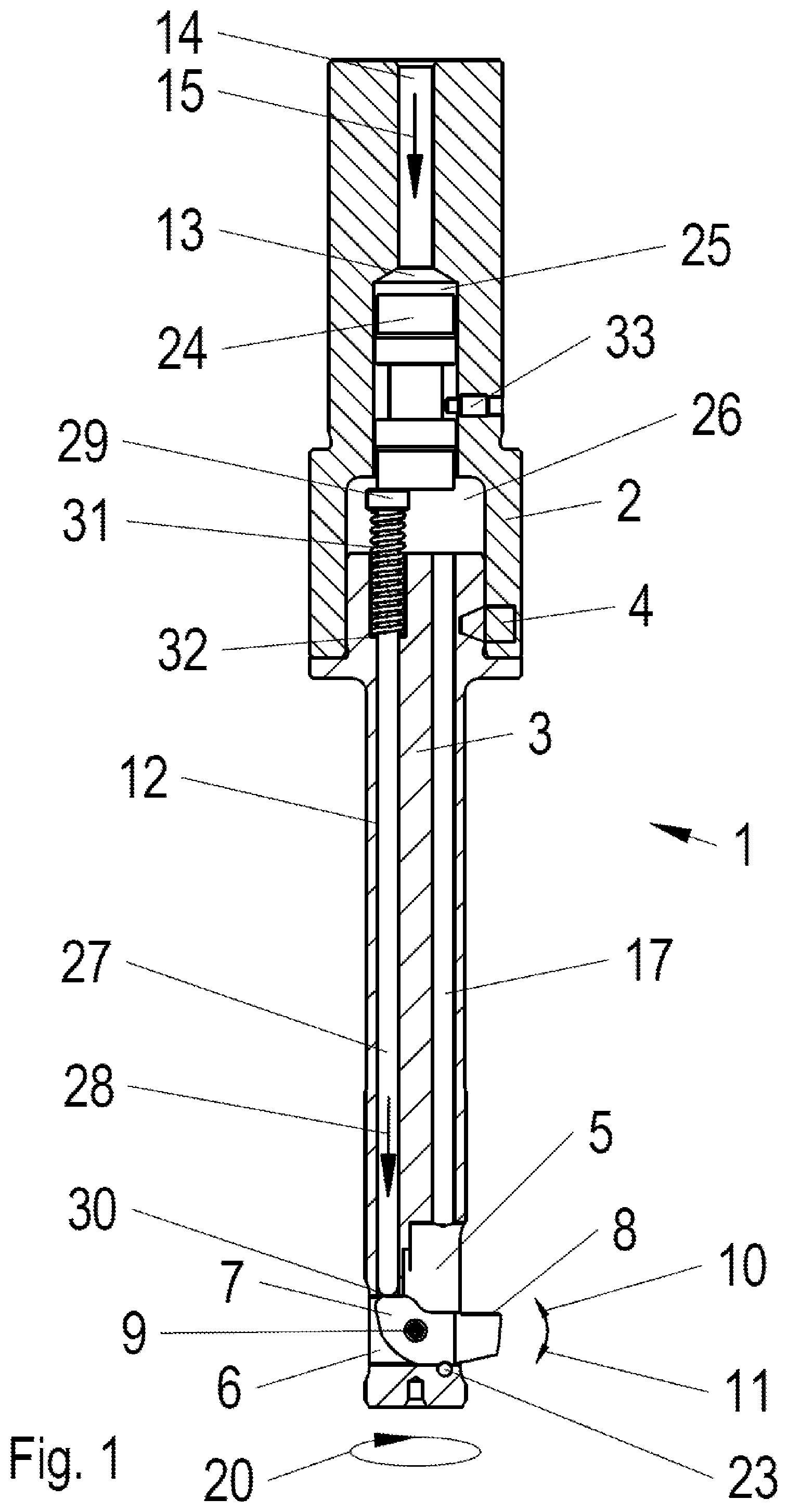 Patent US12365038 Figure 1 – Pressure-medium-controlled countersinking tool with blade centering