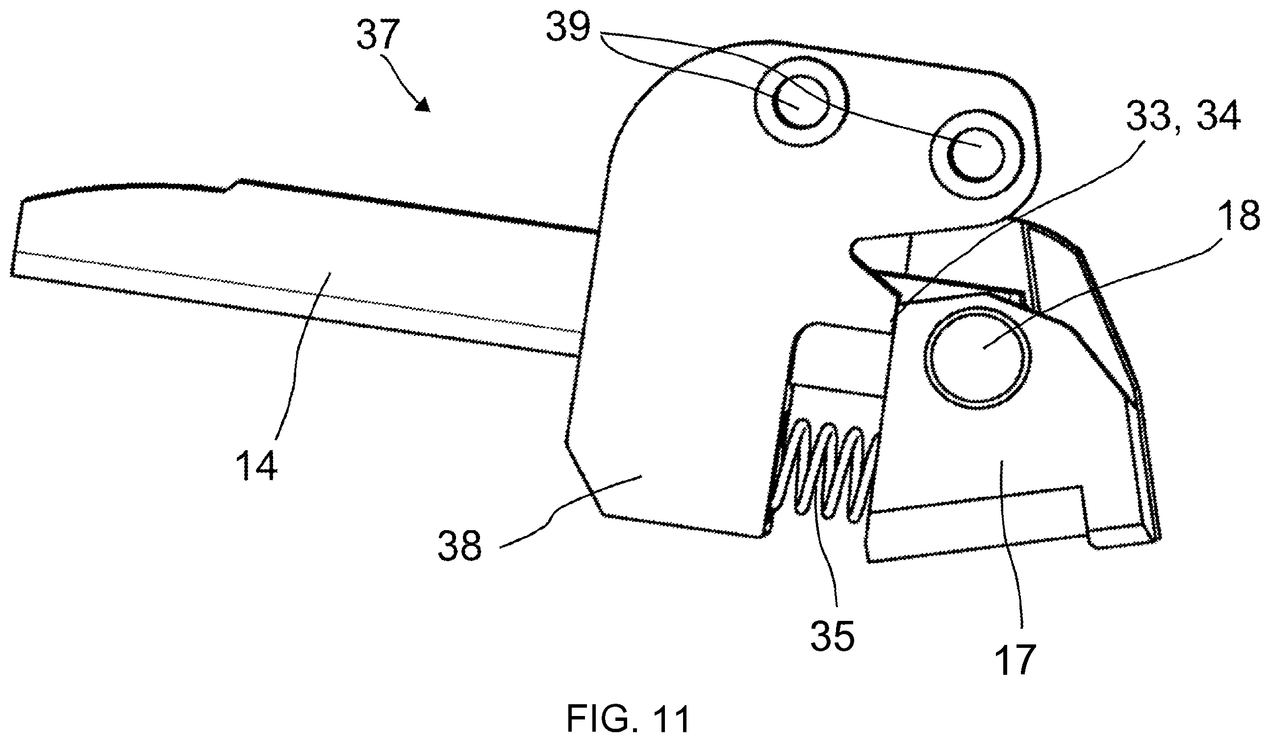 Patent US12365073 Figure 11 – Nail driving tool, movable guide element, stationary guide element, kit, base for such kit, system, and retrofitting system