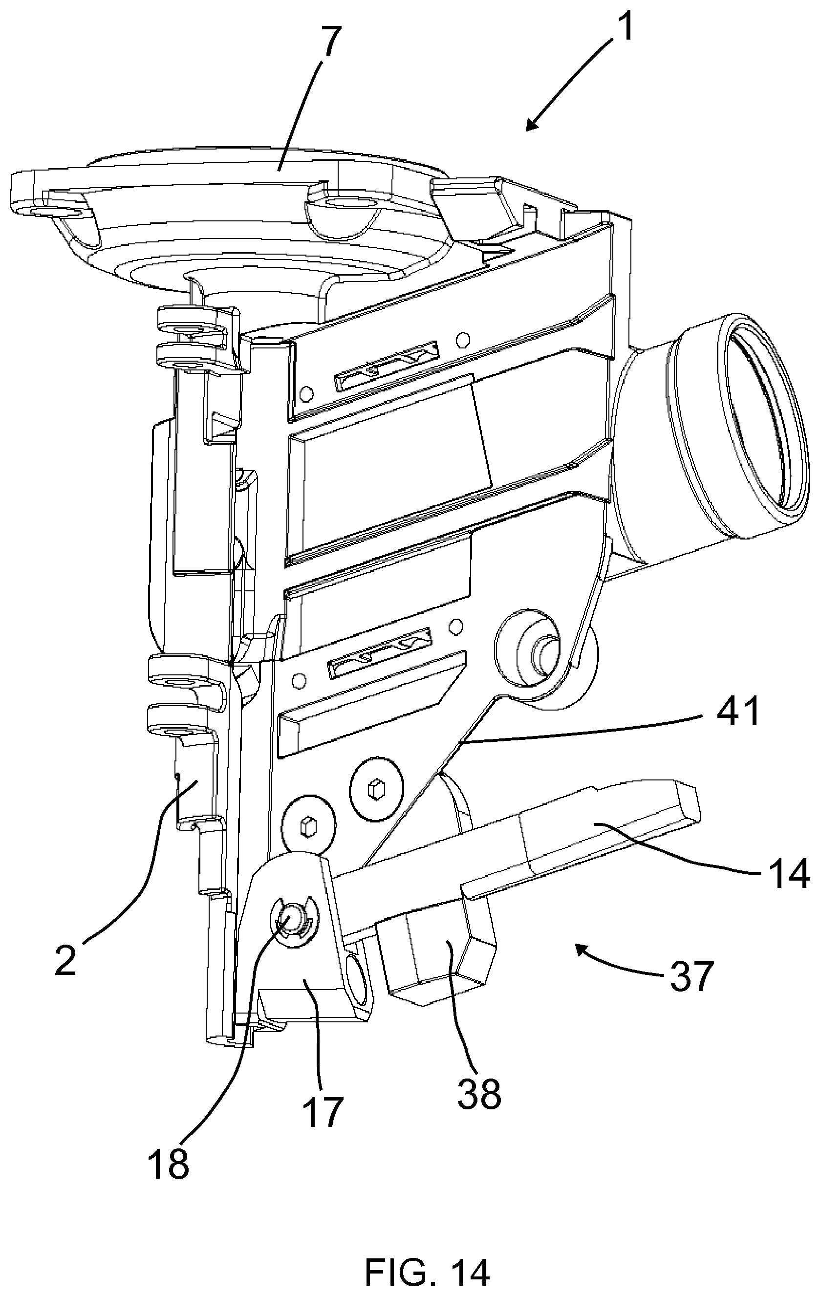 Patent US12365073 Figure 14 – Nail driving tool, movable guide element, stationary guide element, kit, base for such kit, system, and retrofitting system