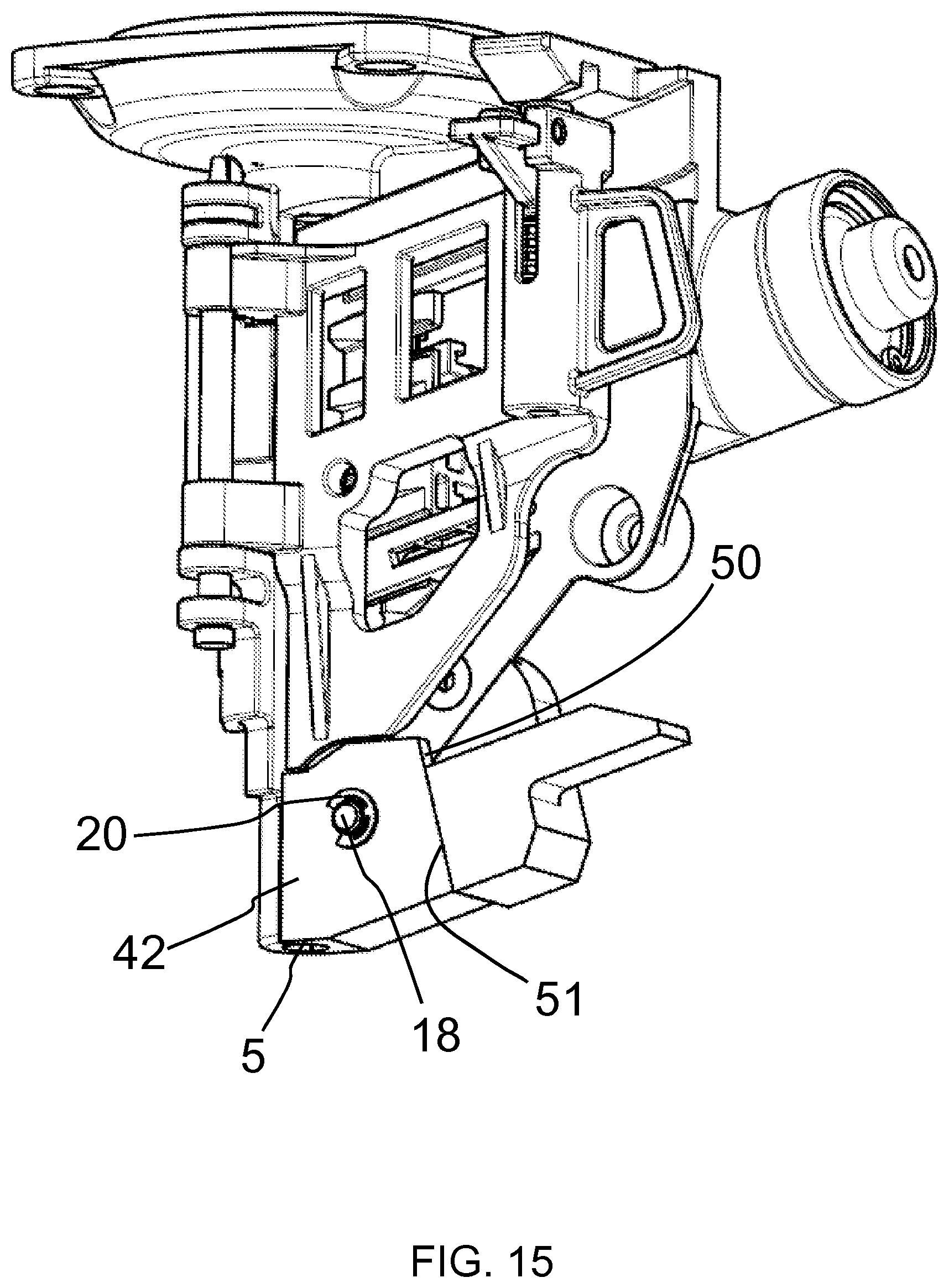 Patent US12365073 Figure 15 – Nail driving tool, movable guide element, stationary guide element, kit, base for such kit, system, and retrofitting system