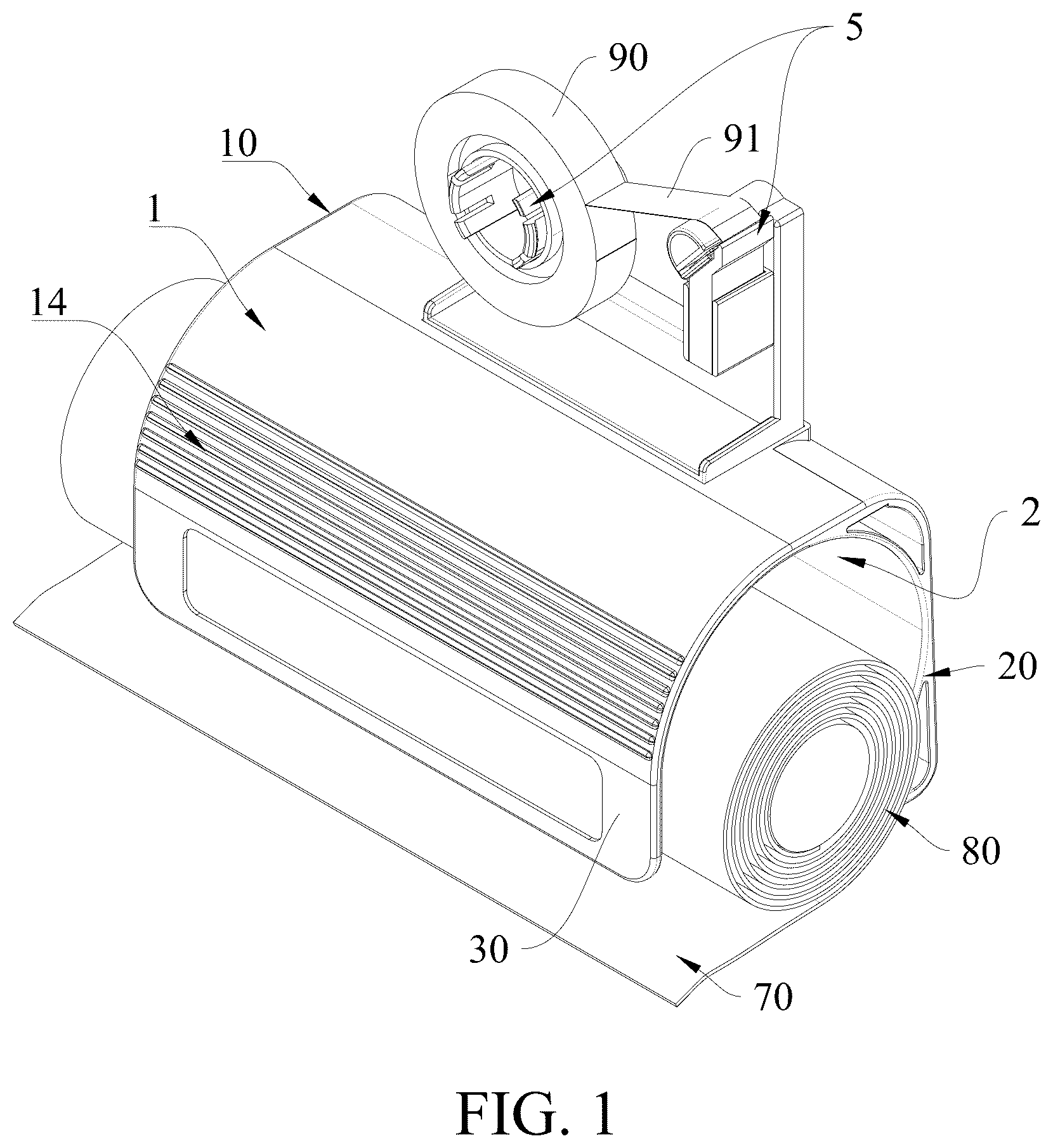 Patent US12365103 Figure 1 – Paper separator provided with adhesive tape cutting assembly