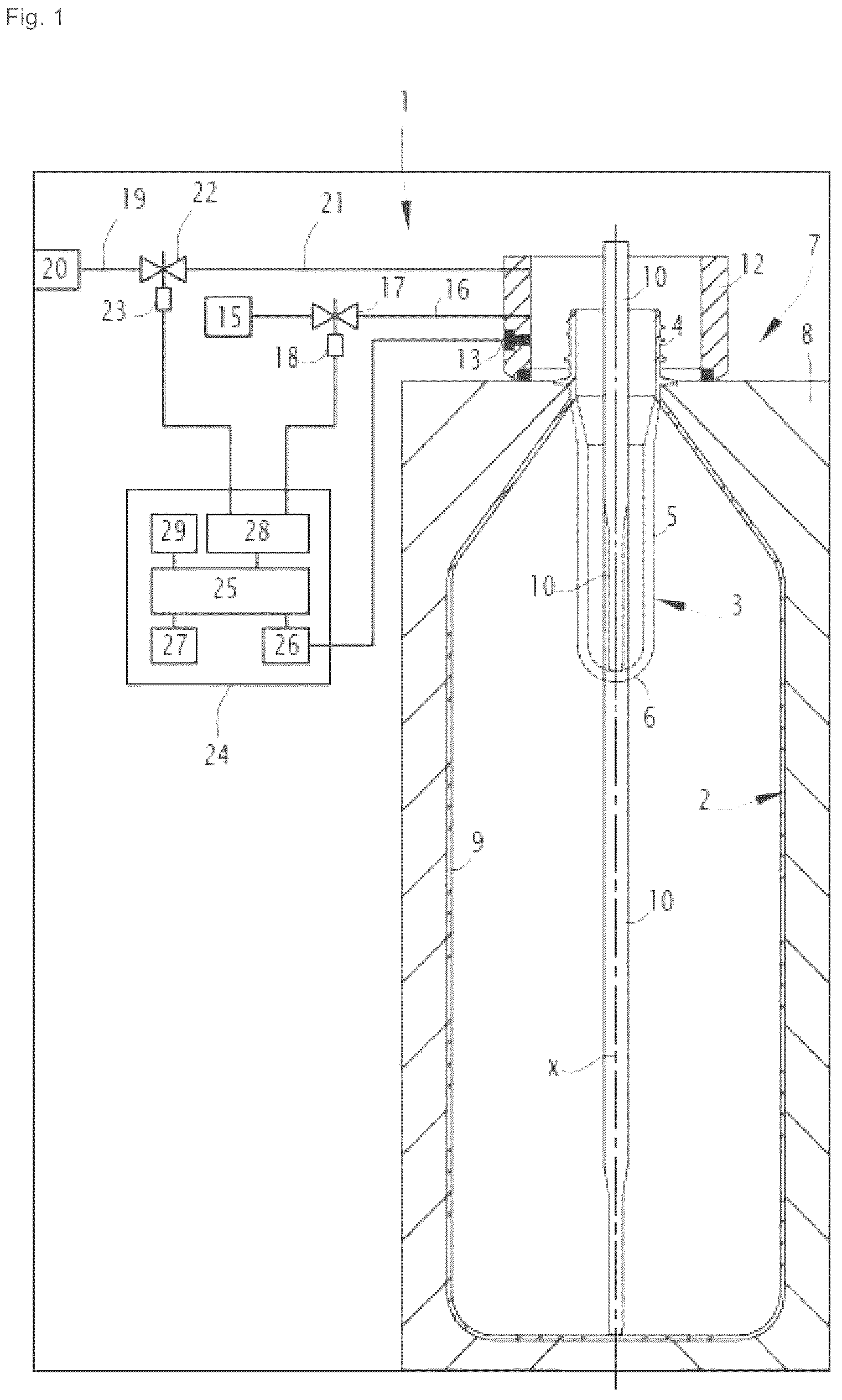 Patent US12365127 Figure 1 – Method for regulating the cyclic production of containers by stretch-blowing
