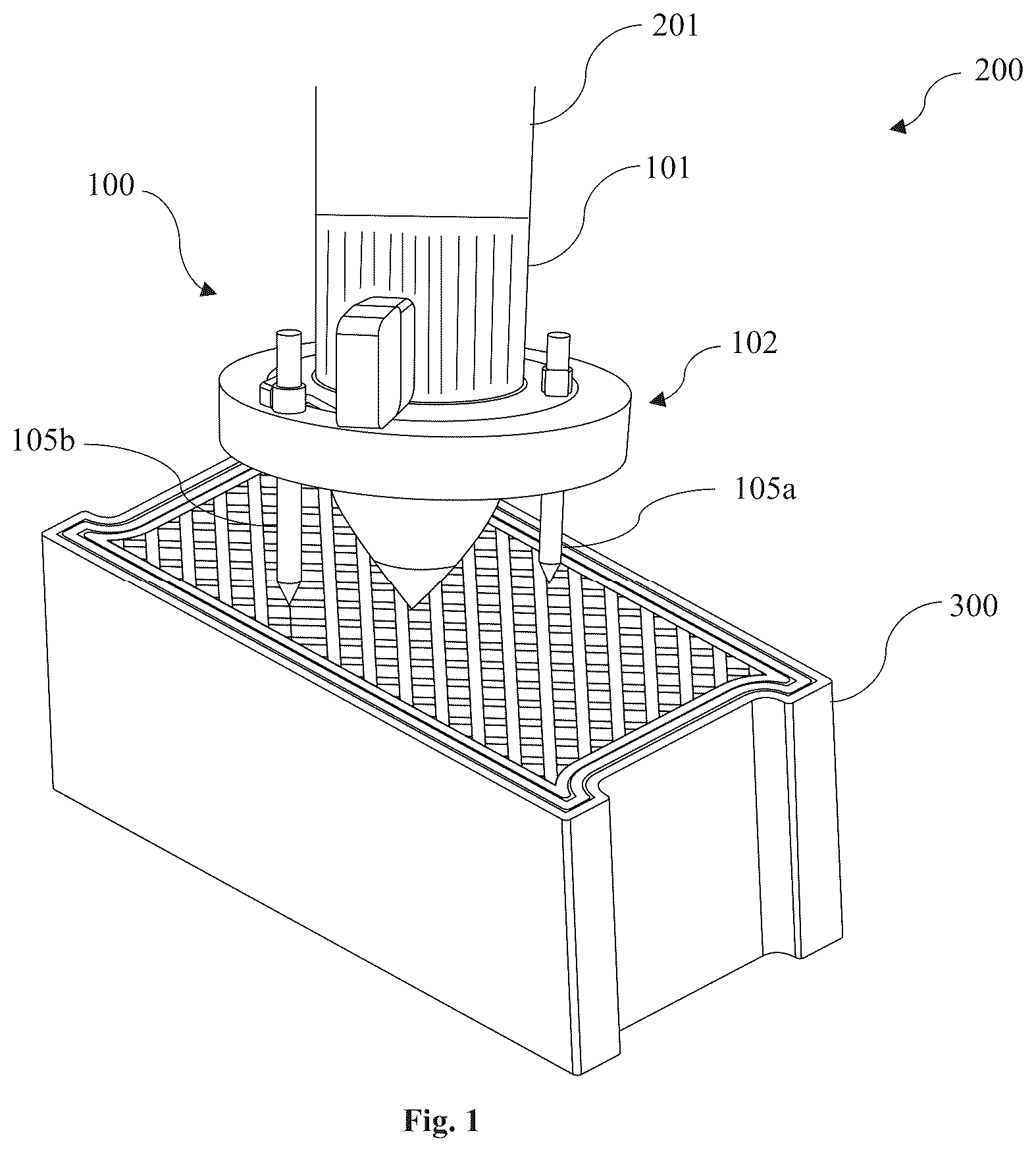 Patent US12365135 Figure 1 – Device connectable to an additive manufacturing system, an additive manufacturing system and a method of producing a construction element