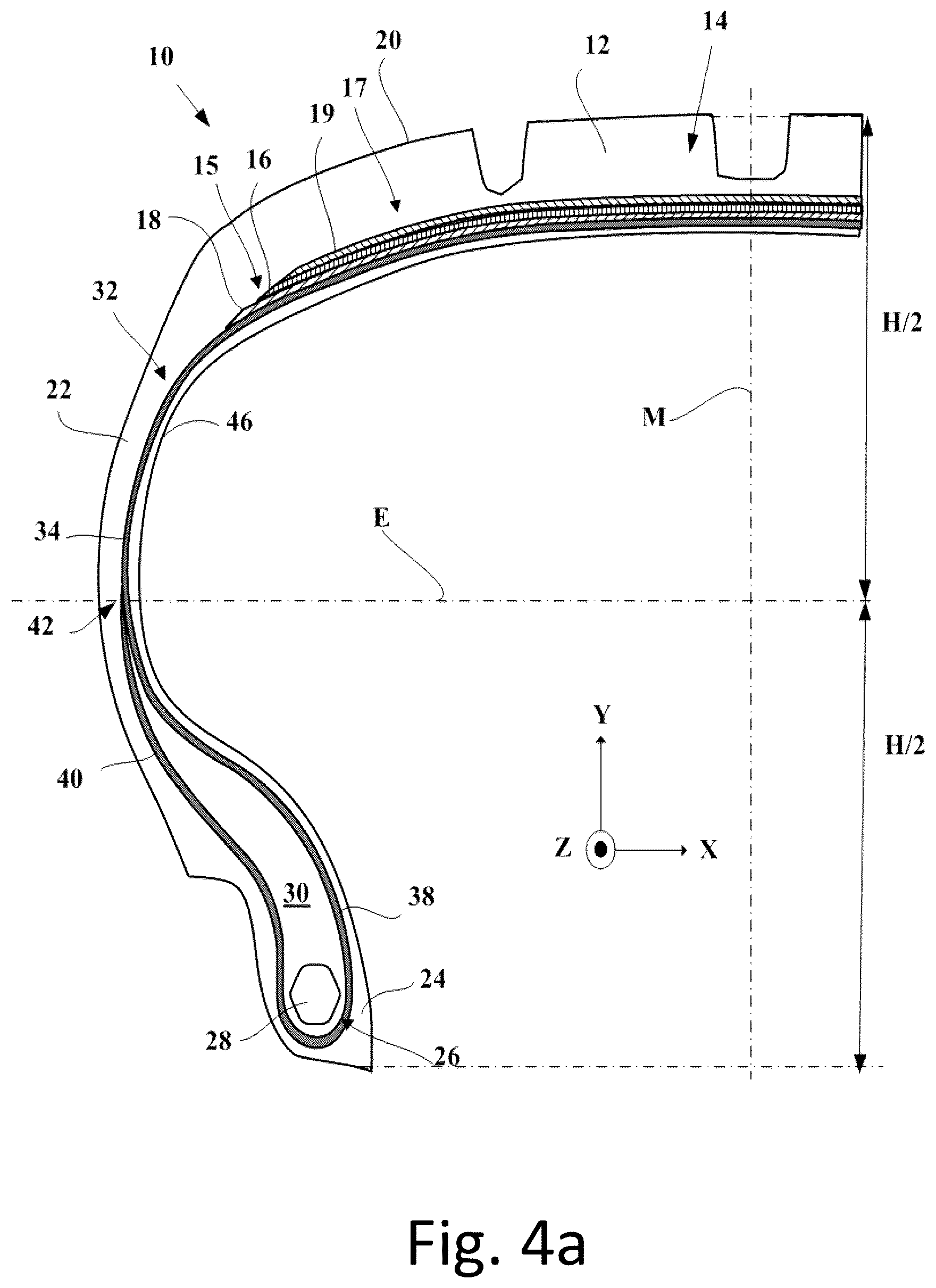 Patent US12365203 Figure 3 – Tire comprising a single carcass ply with reduced deformation depth in the sidewall after running in