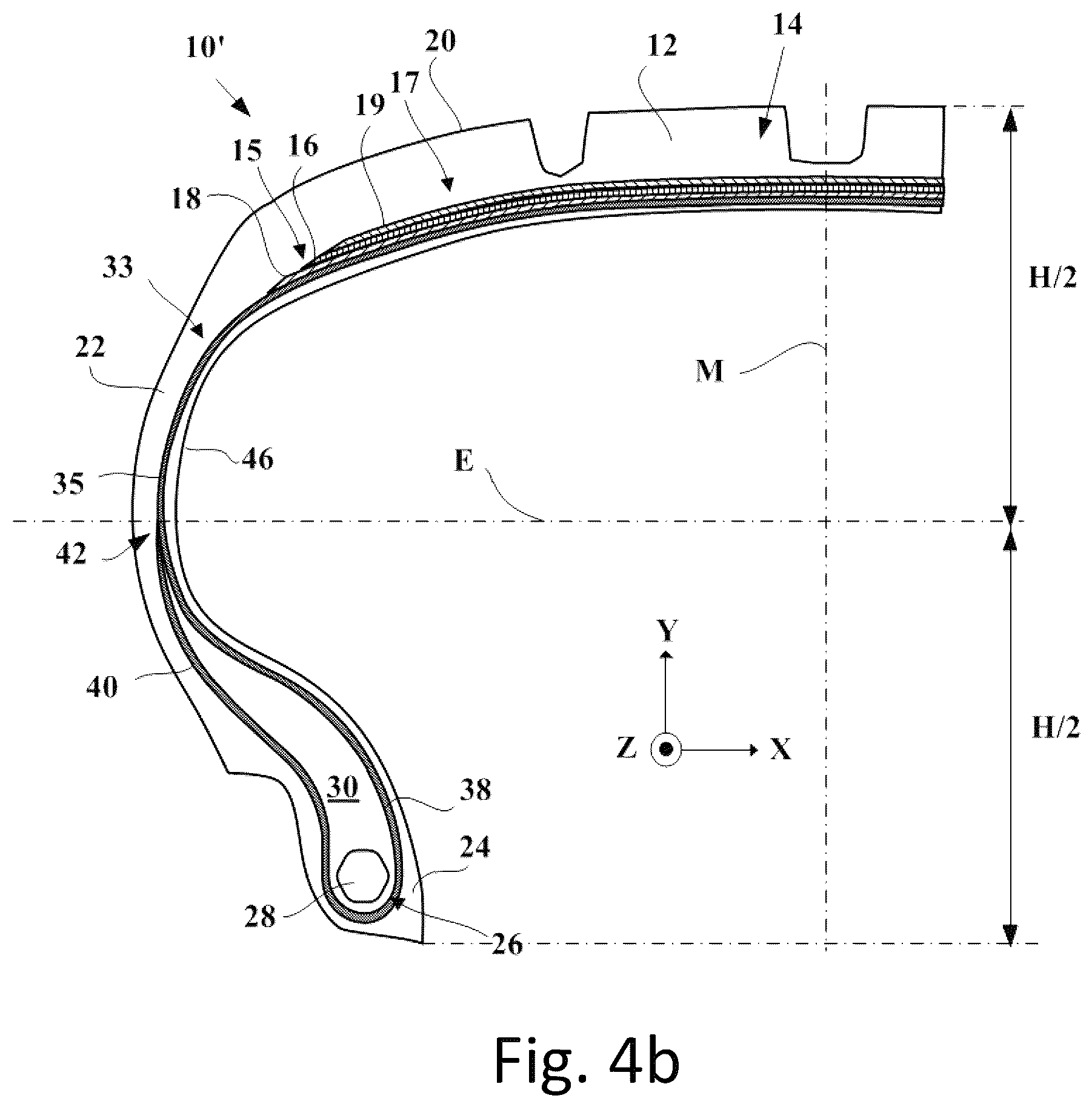 Patent US12365203 Figure 4 – Tire comprising a single carcass ply with reduced deformation depth in the sidewall after running in