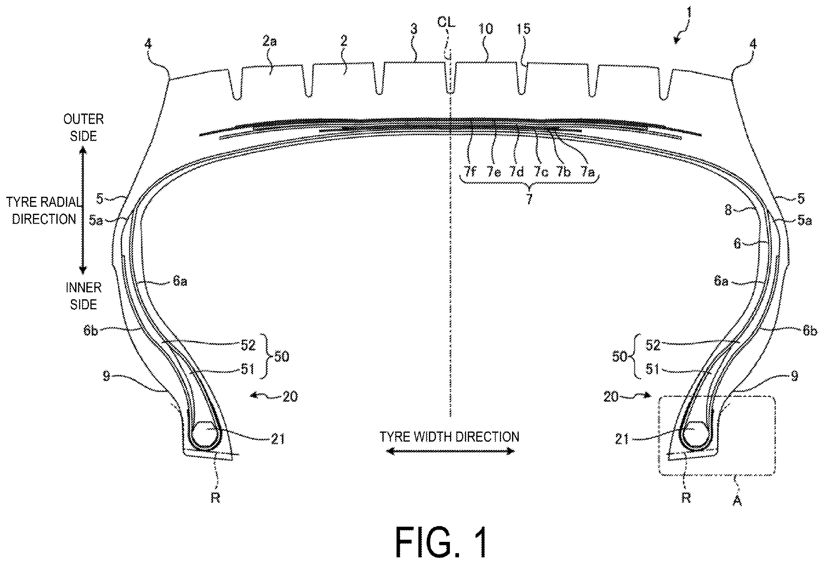 Patent US12365204 Figure 1 – Pneumatic tire and method for manufacturing pneumatic tire