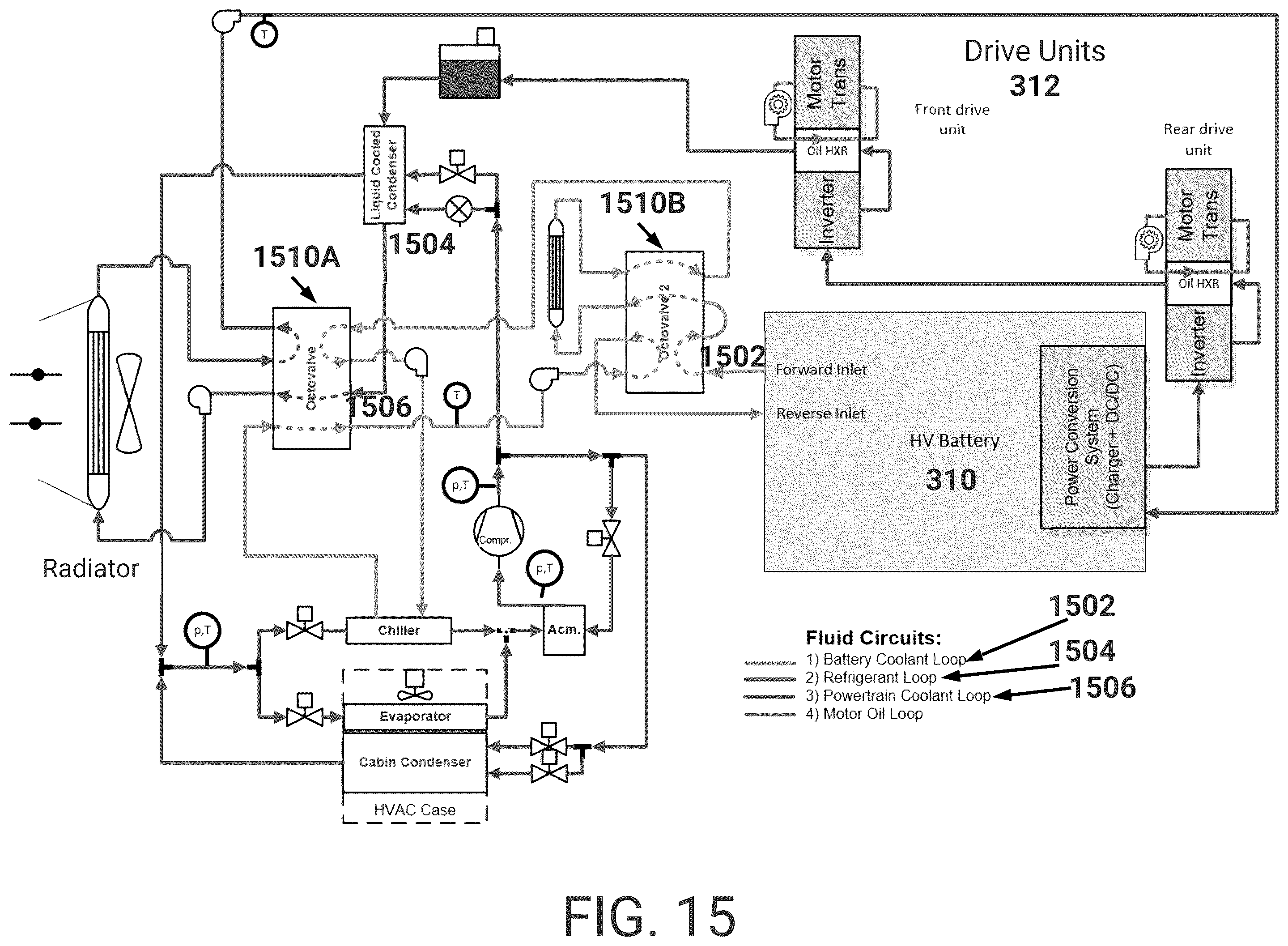 Patent US12365215 Figure 15 – Electric vehicle heat pump using enhanced valve unit