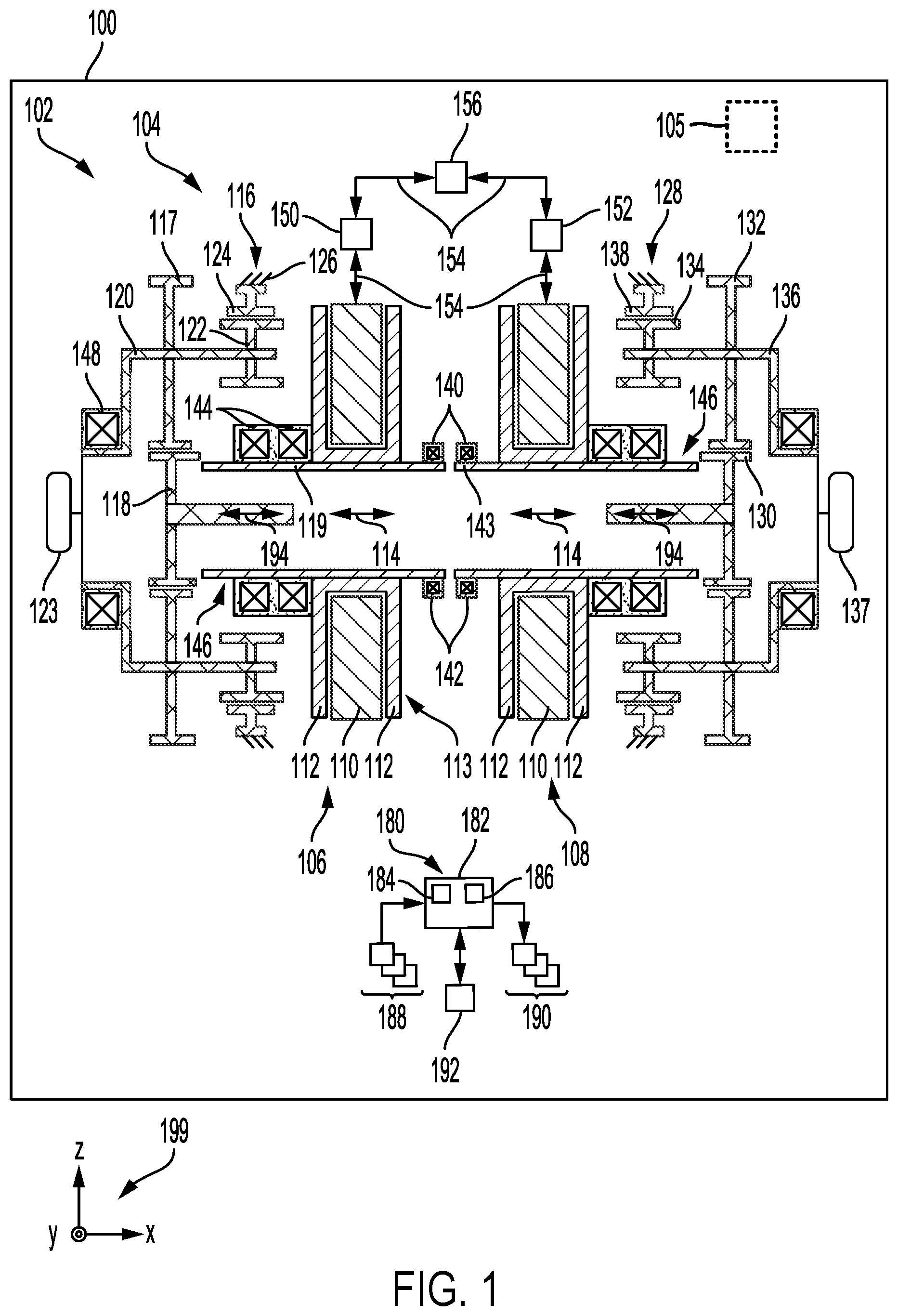 Patent US12365230 Figure 1 – Electric axle with compact electric machine and gearbox arrangement