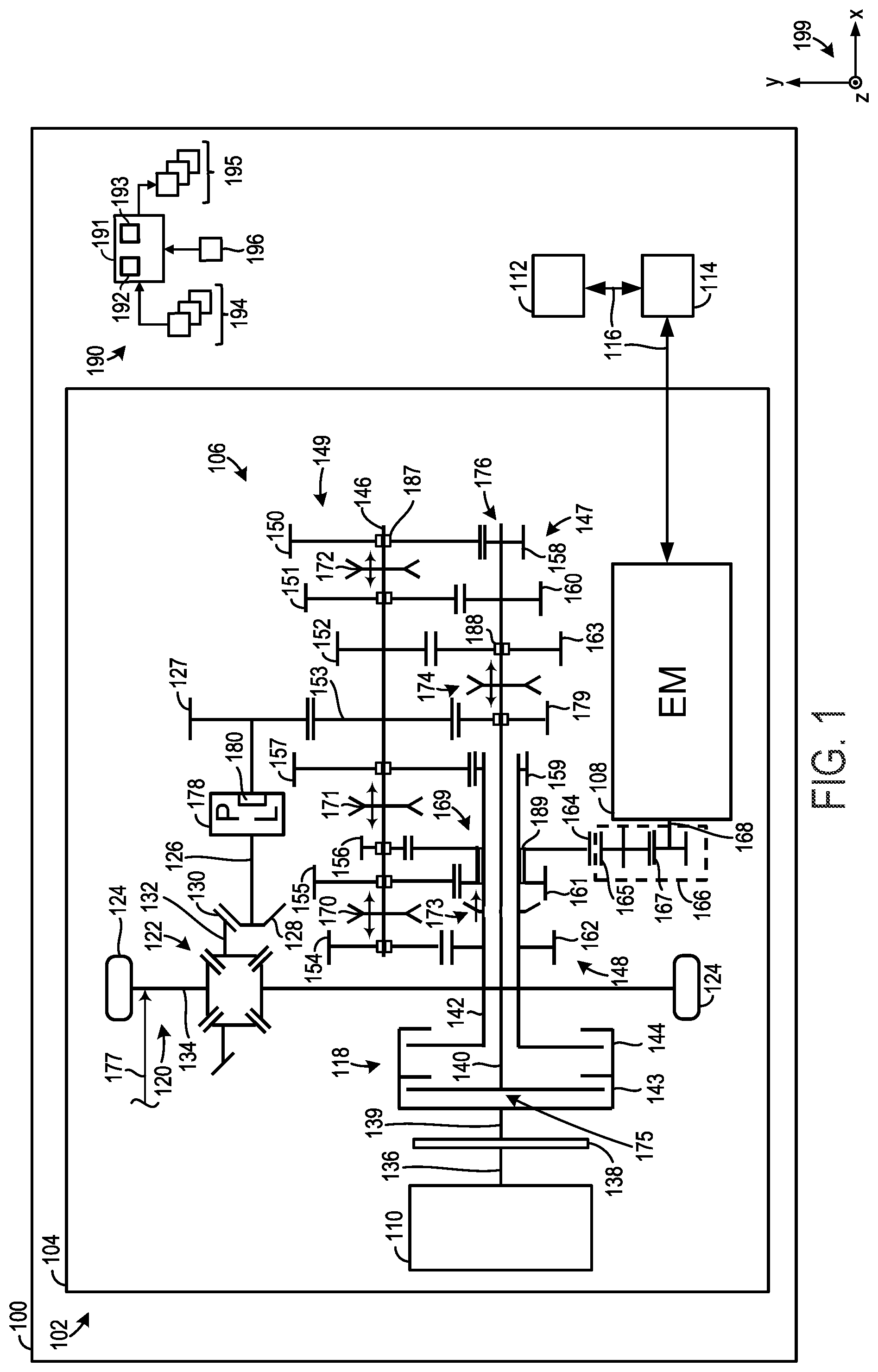 Patent US12365235 Figure 1 – Multi-speed hybrid transmission and transmission operating method