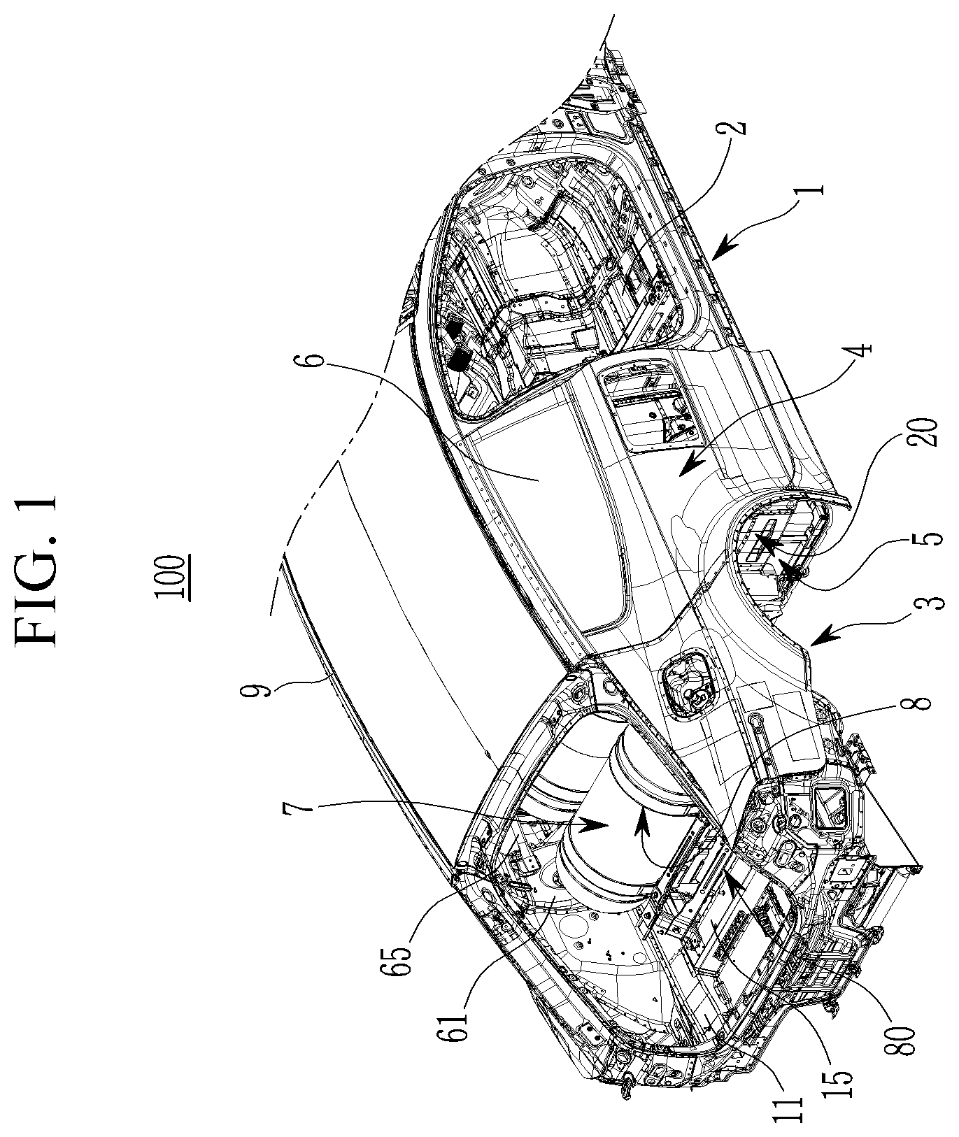 Patent US12365238 Figure 1 – Vehicle rear body structure