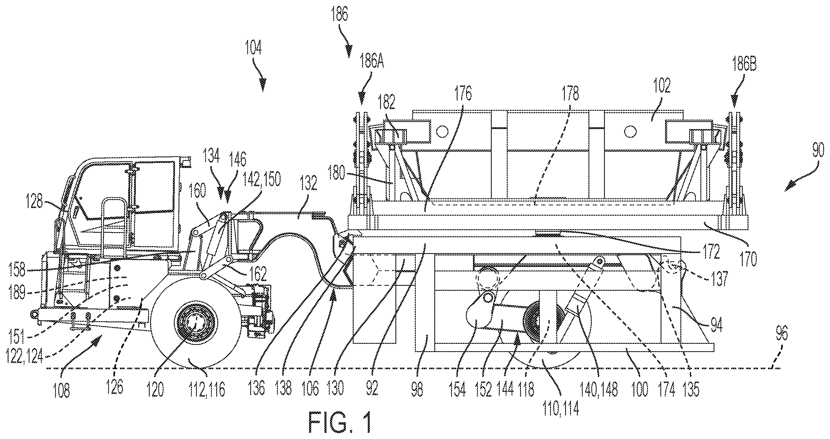 Patent US12365278 Figure 1 – Container carrier and dumping pallet