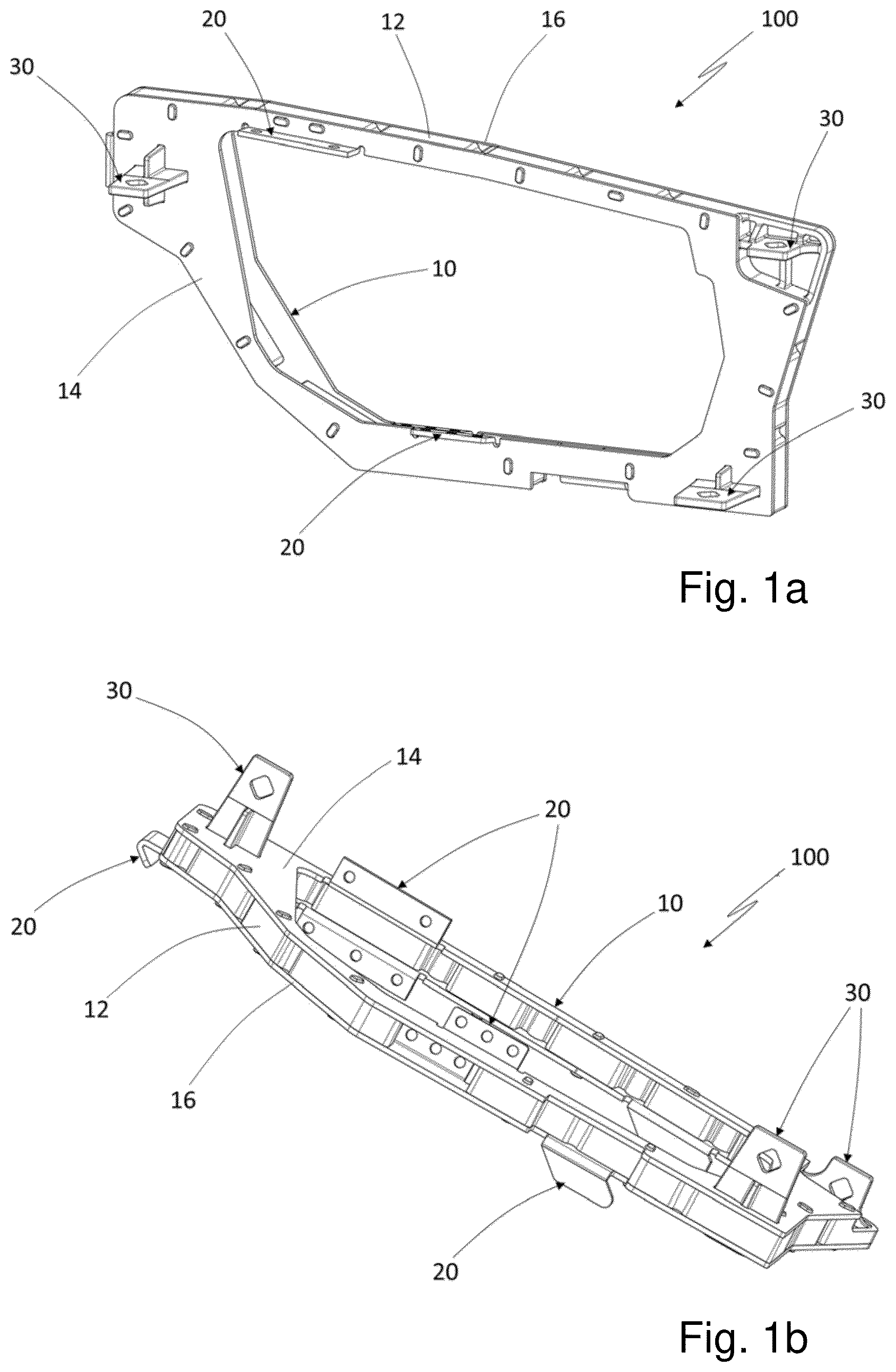 Patent US12365282 Figure 1 – Support for a component in the front or in the rear of a motor vehicle, lighting device, and unit for a motor vehicle, and method for manufacturing the support