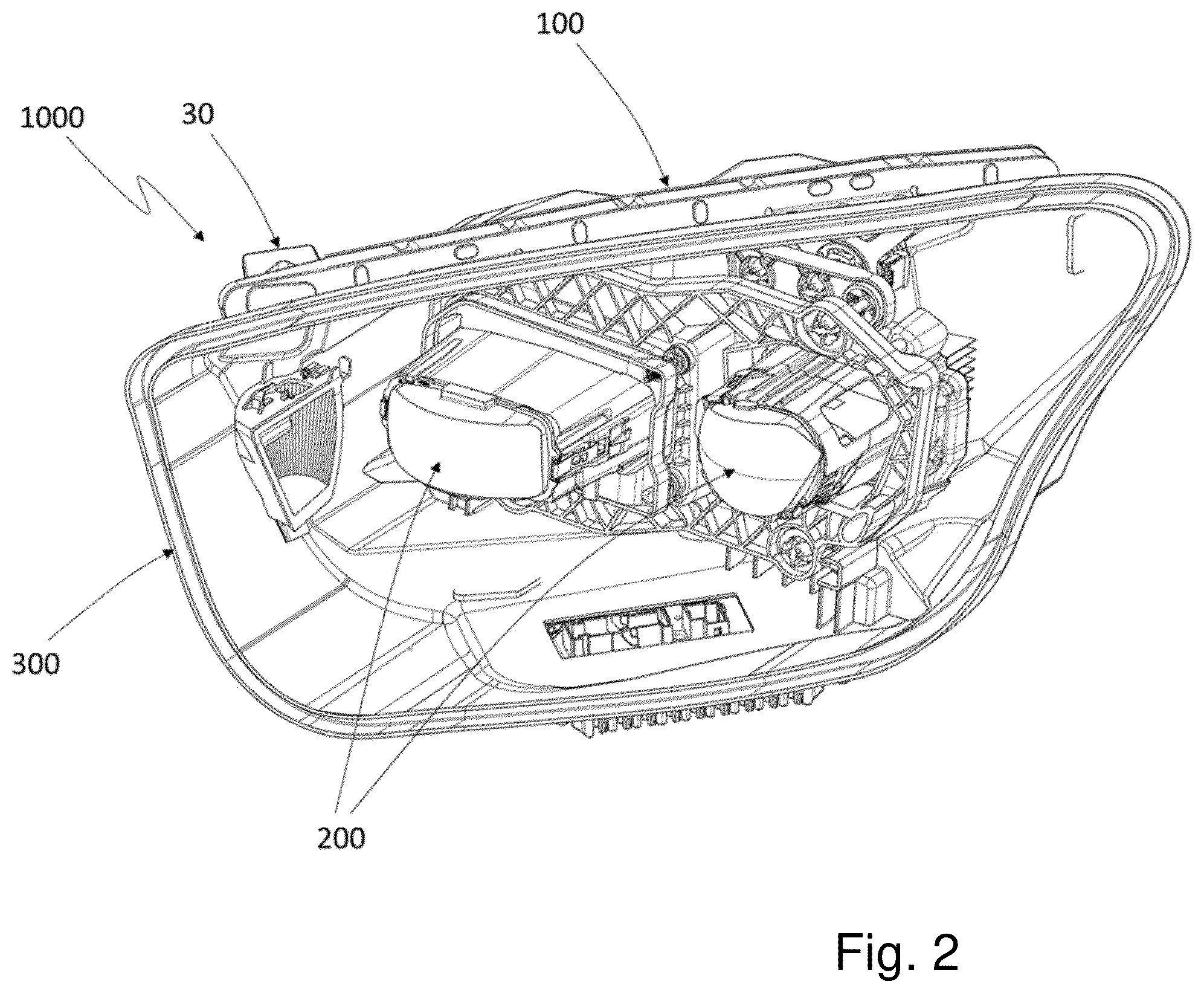 Patent US12365282 Figure 2 – Support for a component in the front or in the rear of a motor vehicle, lighting device, and unit for a motor vehicle, and method for manufacturing the support
