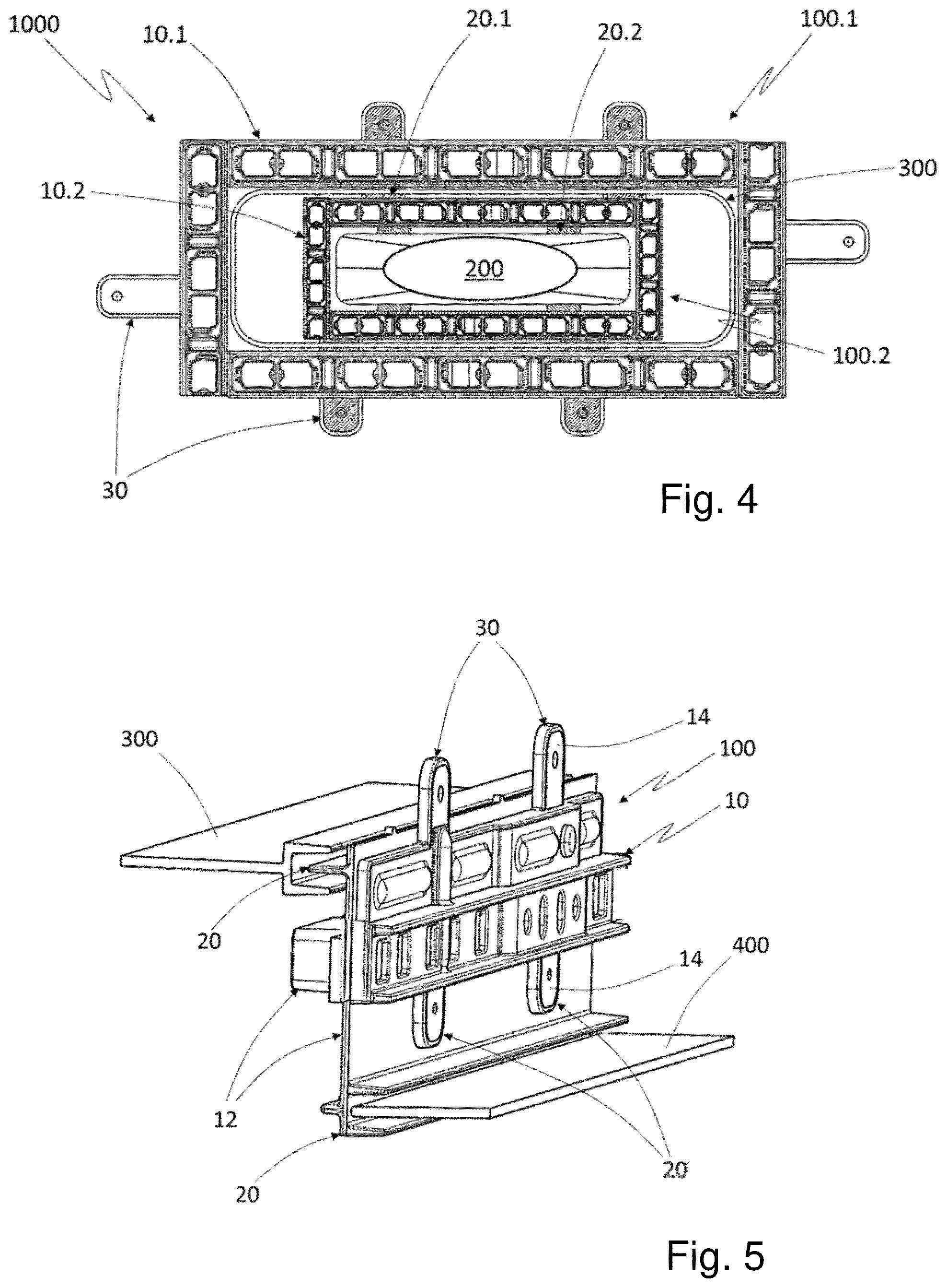 Patent US12365282 Figure 4 – Support for a component in the front or in the rear of a motor vehicle, lighting device, and unit for a motor vehicle, and method for manufacturing the support
