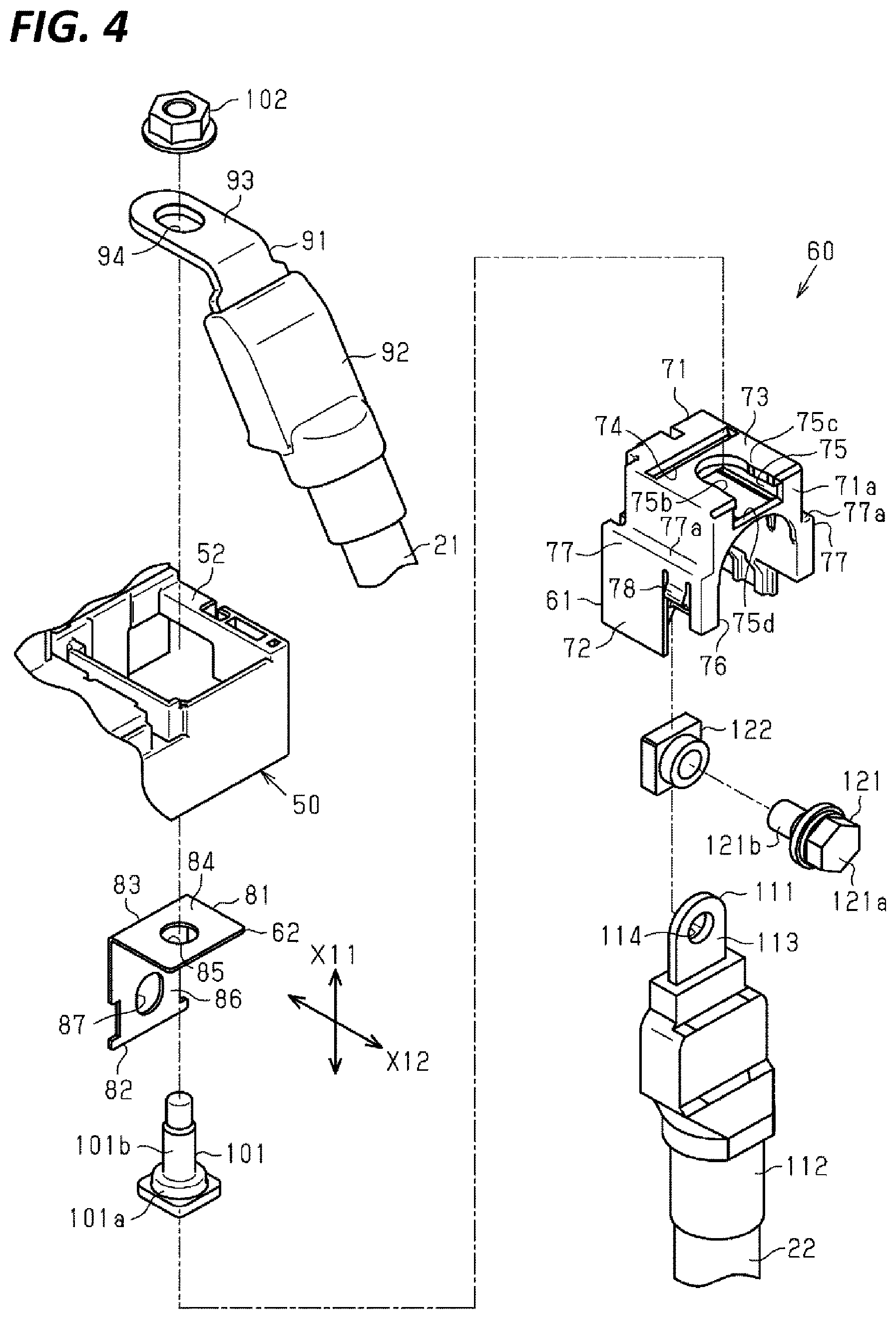 Patent US12365296 Figure 4 – Electrical connection box busbar connecting two wires