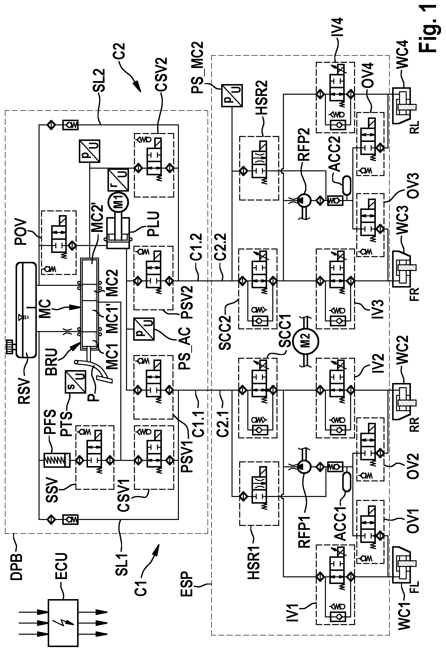 Patent US12365326 Figure 1 – Method for checking intended pressure medium-conducting contacting of circuit branches, associated with one another, of separate brake circuits of an electronically slip-controllable power brake system with two actuator units, contacted for conducting pressure medium, for generating and controlling brake pressure, in particular for a motor vehicle