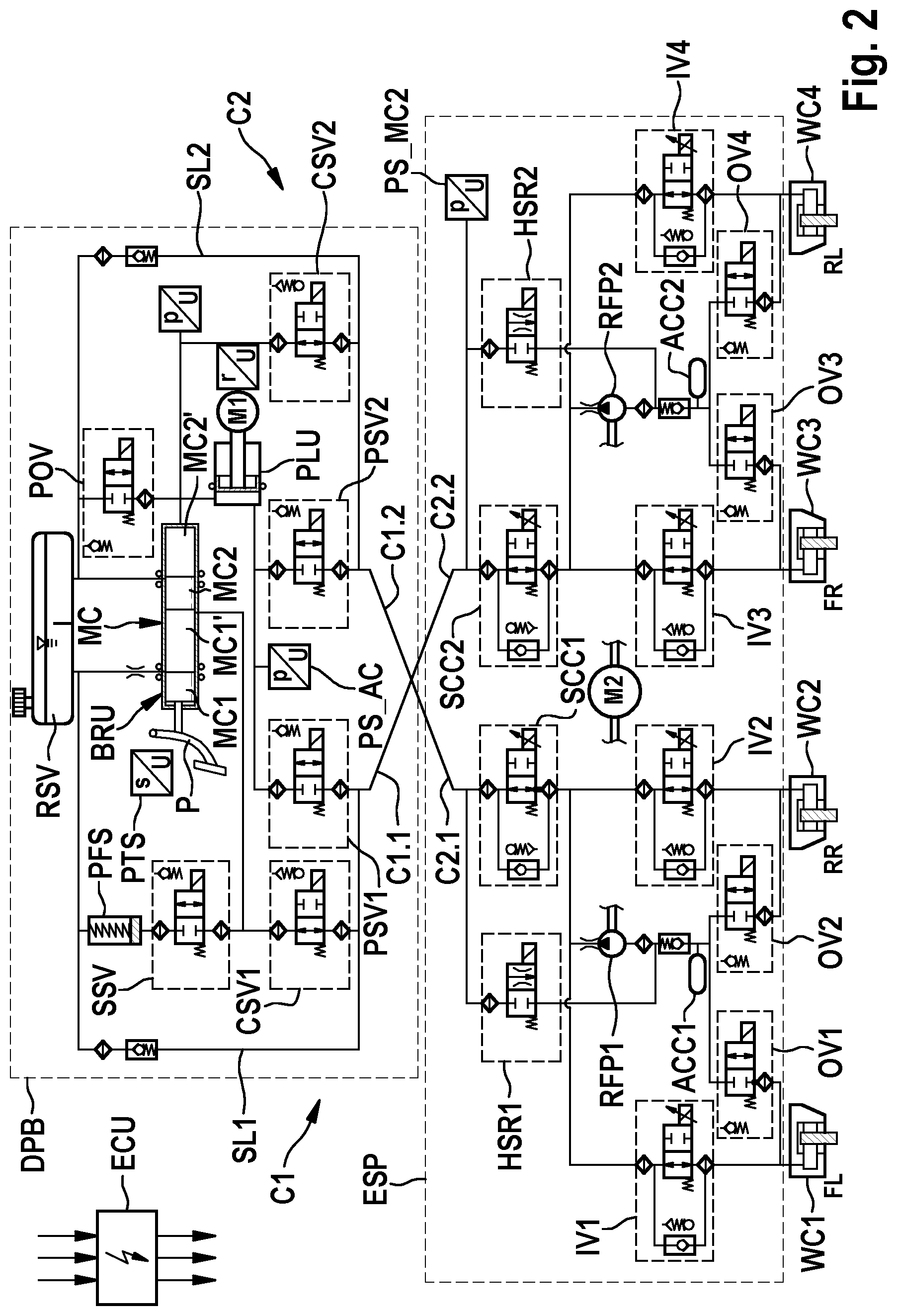 Patent US12365326 Figure 2 – Method for checking intended pressure medium-conducting contacting of circuit branches, associated with one another, of separate brake circuits of an electronically slip-controllable power brake system with two actuator units, contacted for conducting pressure medium, for generating and controlling brake pressure, in particular for a motor vehicle
