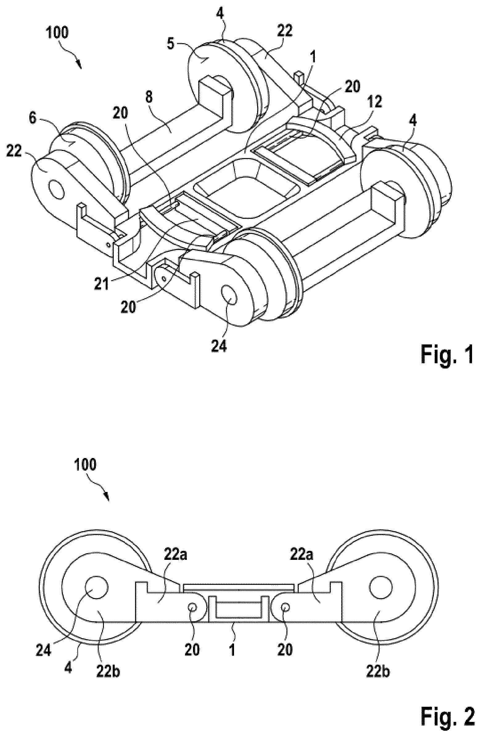 Patent US12365368 Figure 1 – Bogie for a rail vehicle and rail vehicle carriage having at least one bogie, rail vehicle having at least one rail vehicle carriage, and method for adjusting the height of a carriage body of a rail vehicle carriage