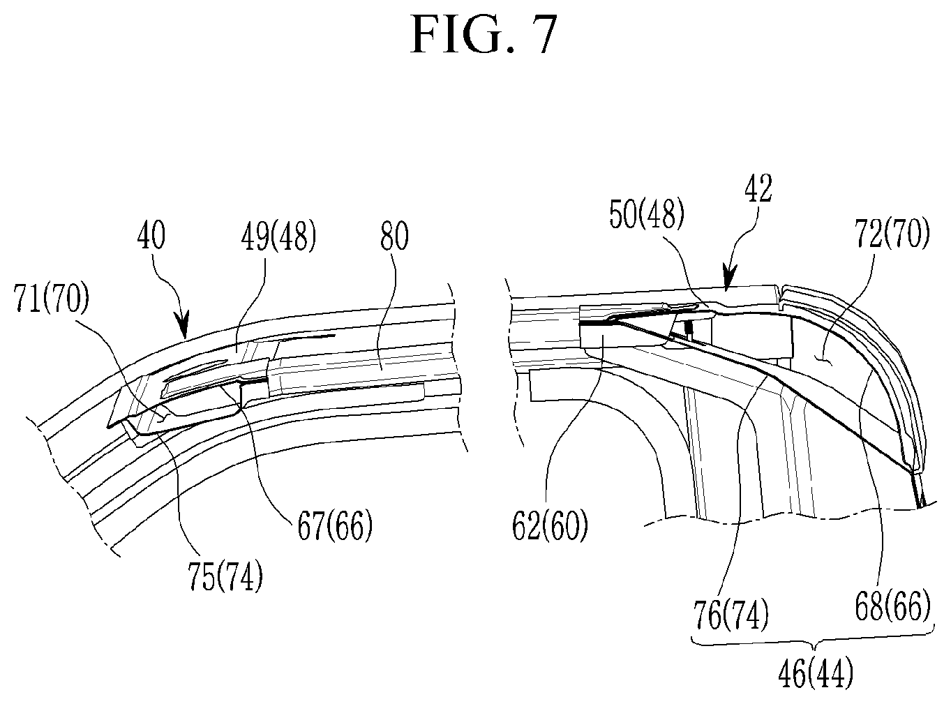 Patent US12365392 Figure 7 – Roof reinforcement structure of vehicle body