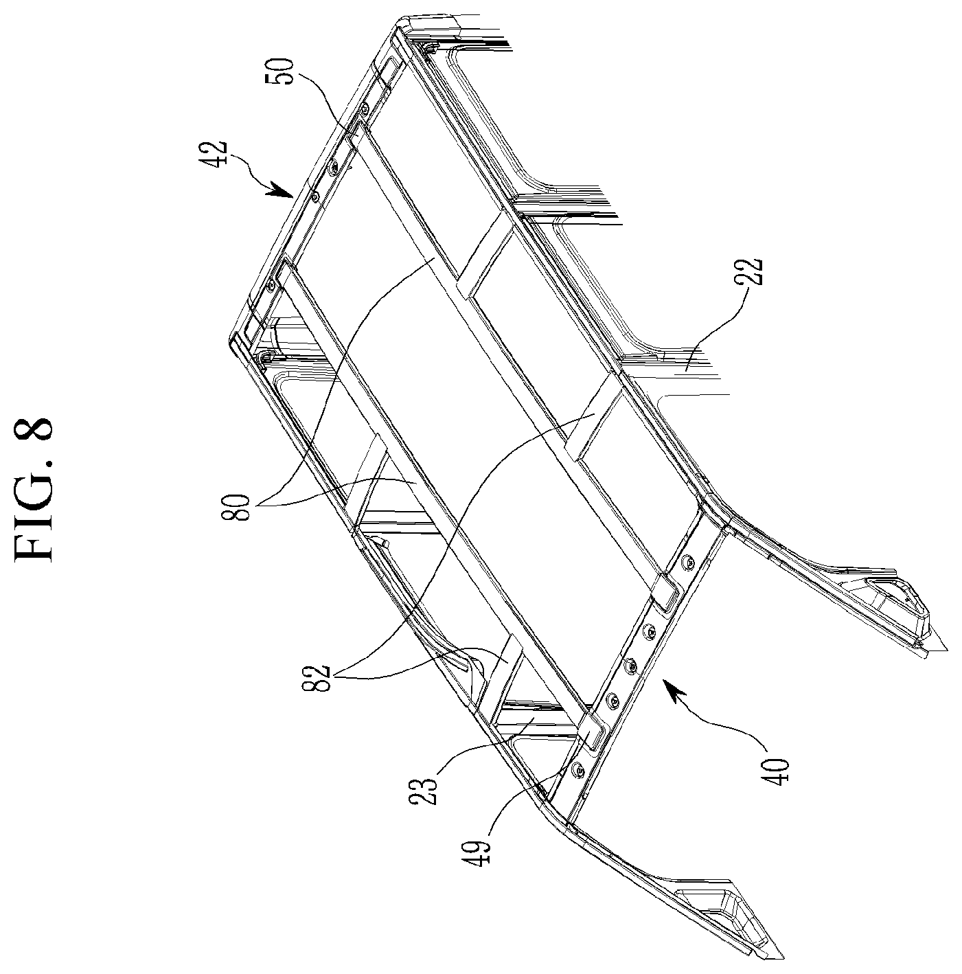 Patent US12365392 Figure 8 – Roof reinforcement structure of vehicle body