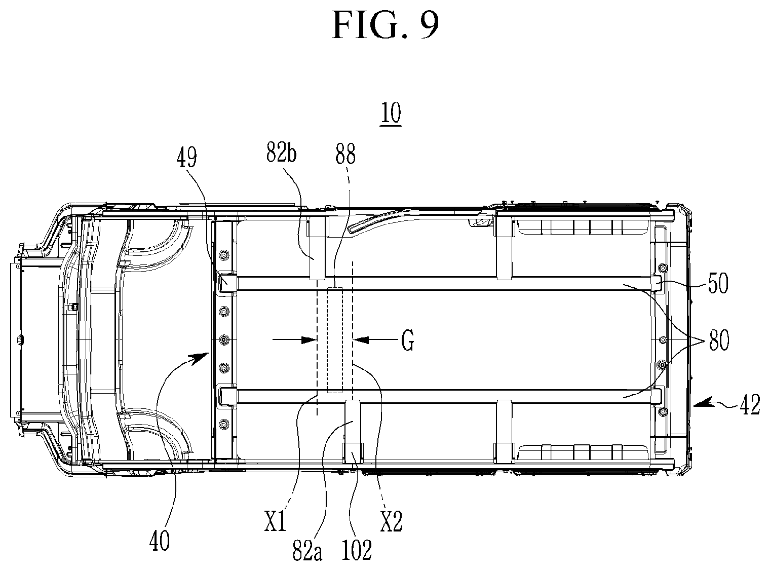 Patent US12365392 Figure 9 – Roof reinforcement structure of vehicle body