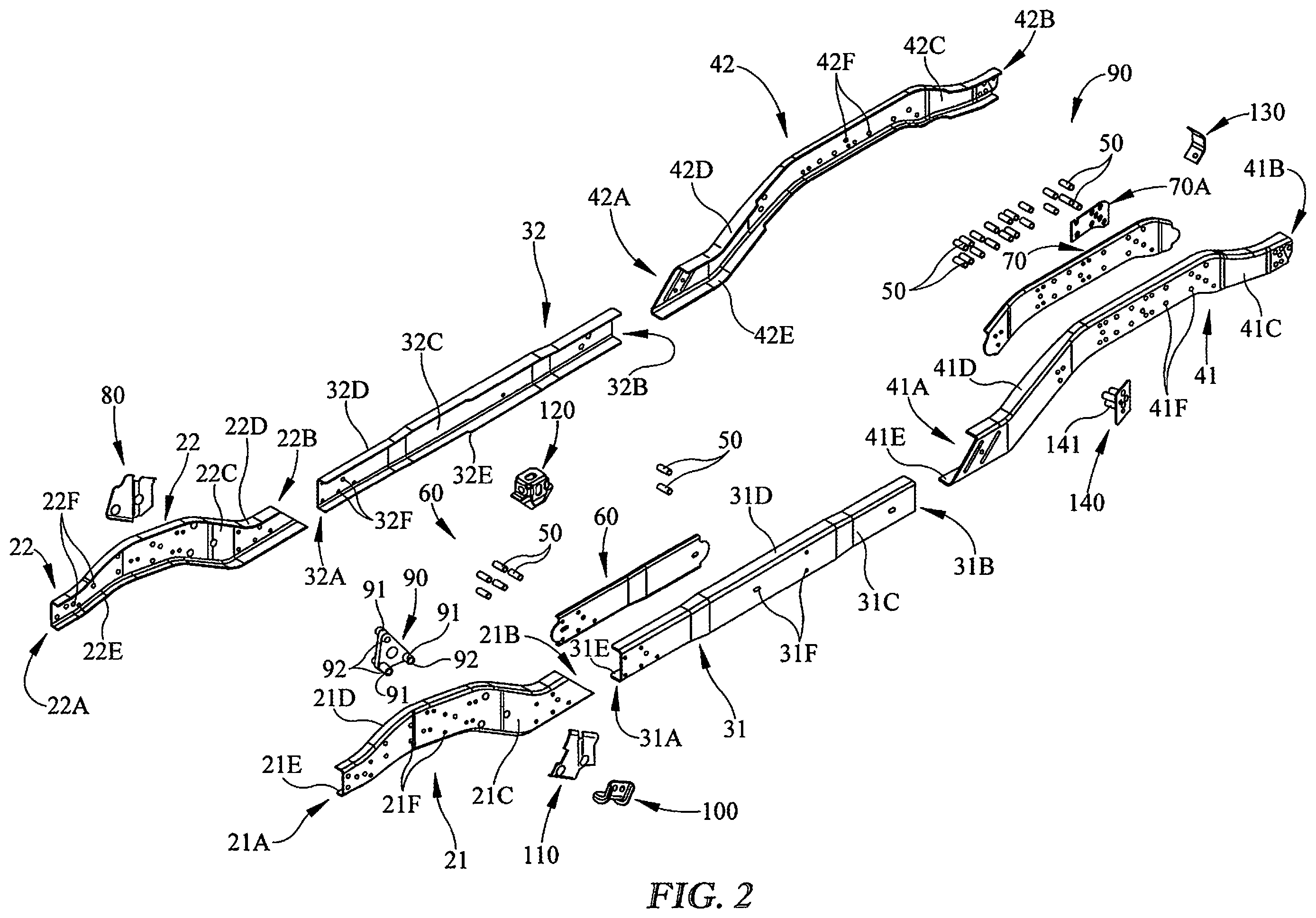Patent US12365396 Figure 2 – Vehicle frame rails with swaged spacer connection and methods of manufacturing vehicle frame rails