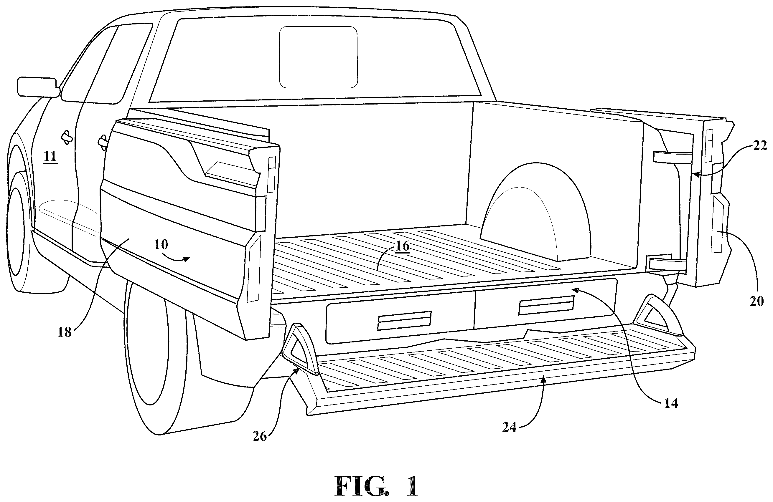Patent US12365399 Figure 1 – Articulating tailgate