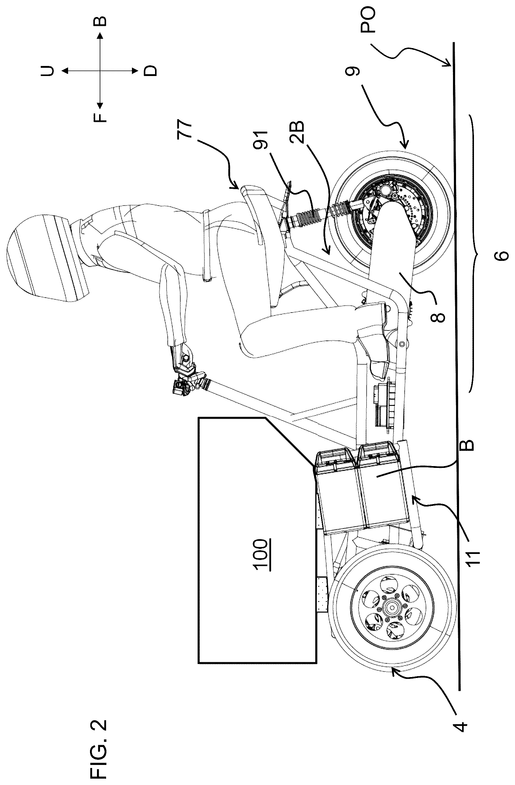 Patent US12365413 Figure 2 – Saddle riding rolling vehicle with loading surface integral with the lower cross member and housed between the front steered wheels