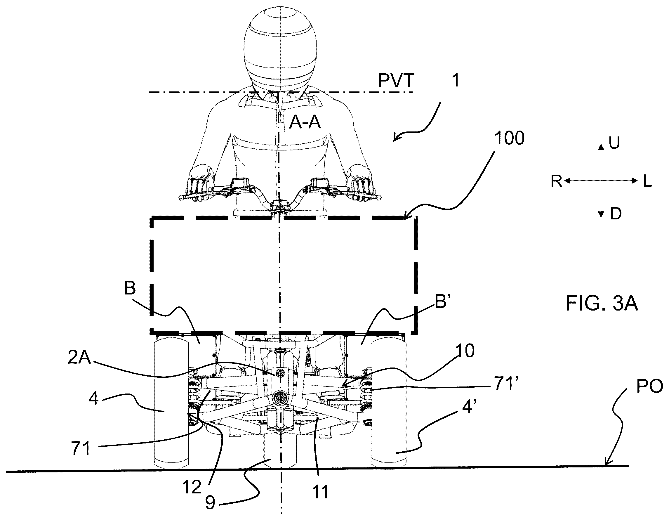 Patent US12365413 Figure 4 – Saddle riding rolling vehicle with loading surface integral with the lower cross member and housed between the front steered wheels