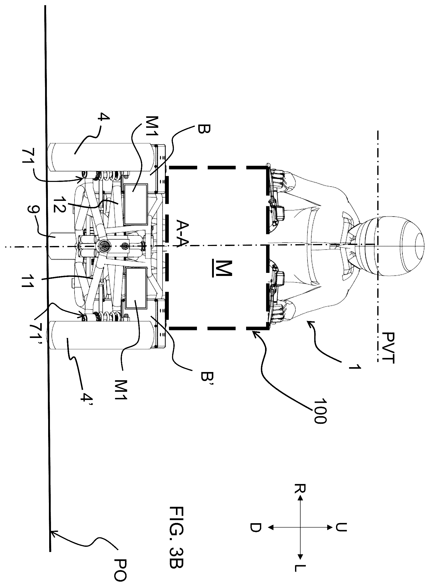 Patent US12365413 Figure 5 – Saddle riding rolling vehicle with loading surface integral with the lower cross member and housed between the front steered wheels