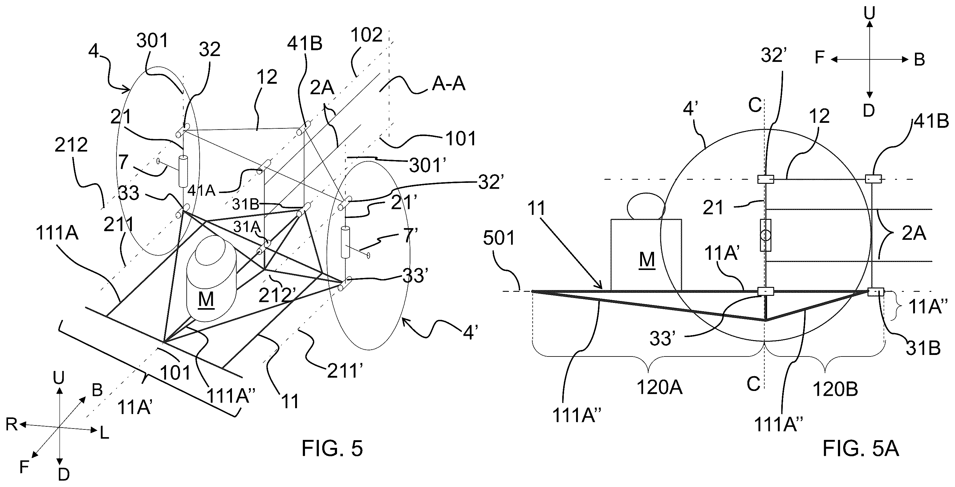 Patent US12365413 Figure 8 – Saddle riding rolling vehicle with loading surface integral with the lower cross member and housed between the front steered wheels
