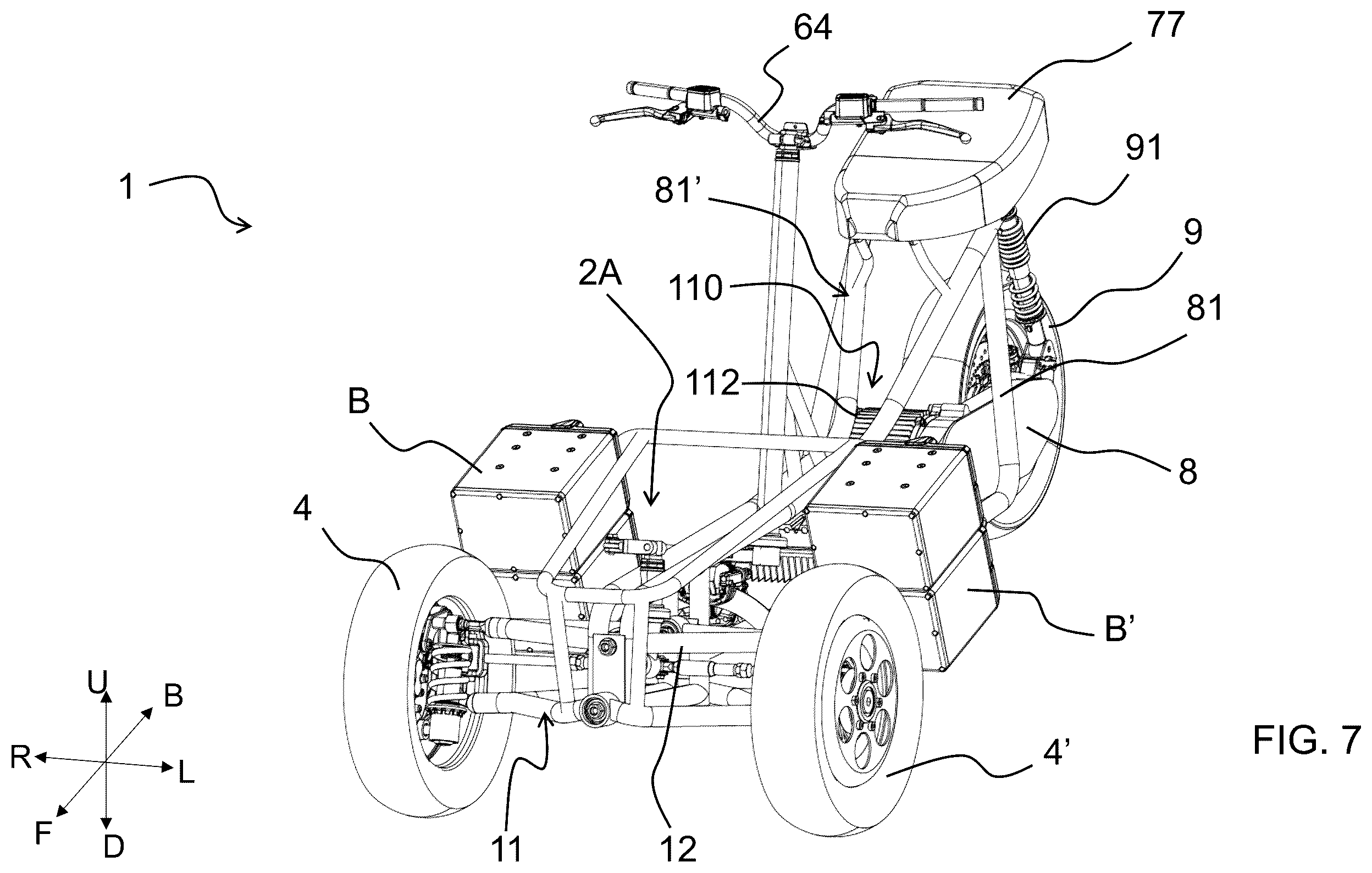 Patent US12365413 Figure 12 – Saddle riding rolling vehicle with loading surface integral with the lower cross member and housed between the front steered wheels